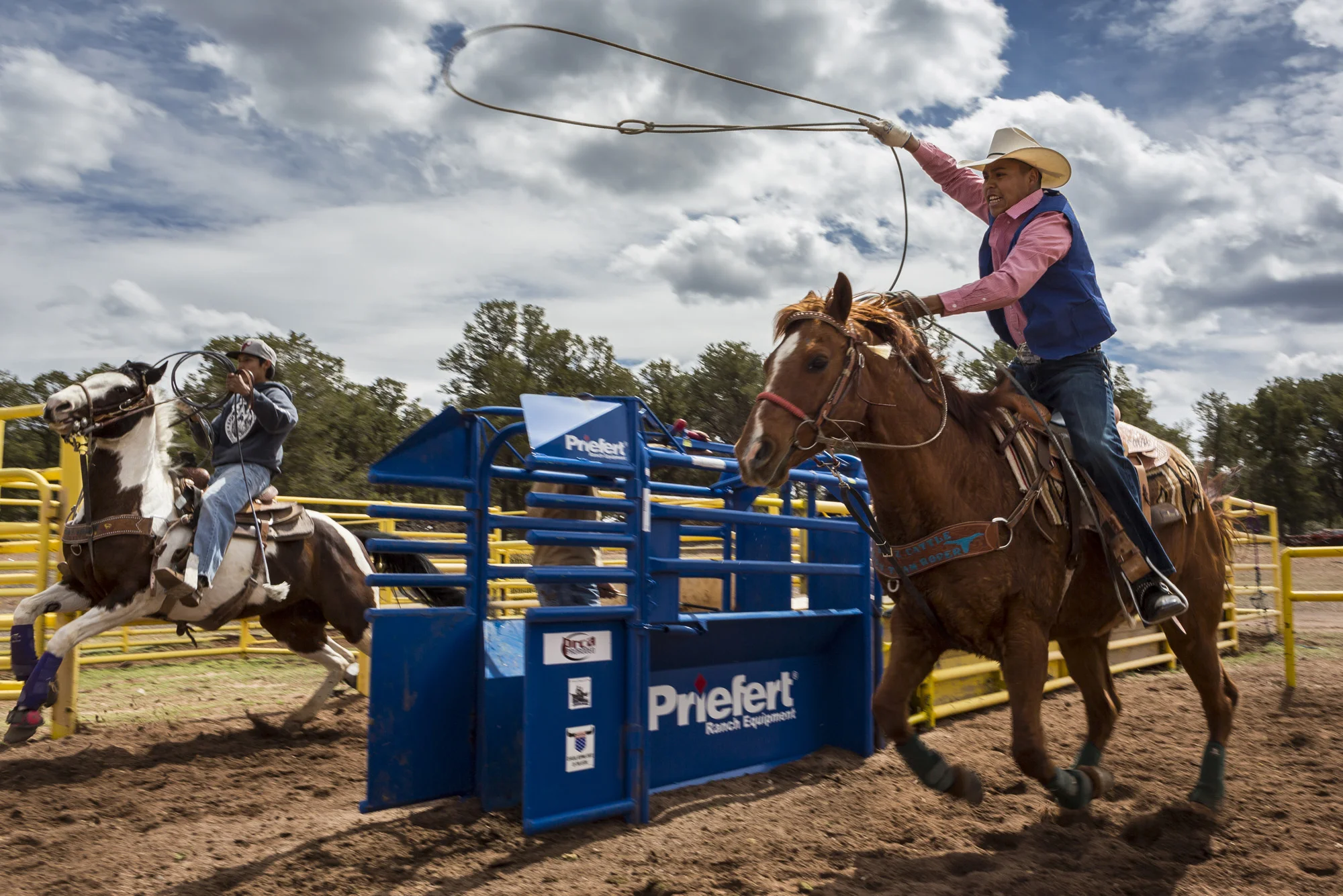 TSAILE, ARIZONA, 4 APRIL 2014: The Dine College Rodeo team at practise, Tsaile Arizona. Dine College is the first tribally controlled college in the United States. Their educational philosophy is grounded in the traditional Navajo outlook on life an