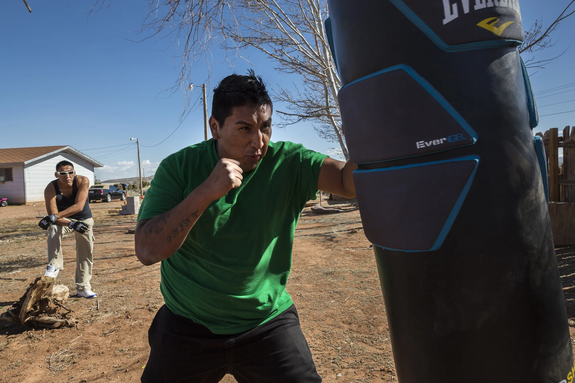 WINDOW ROCK, ARIZONA, 6 APRIL 2014: Marcus and Shane Ramon practise their fighting skills at their home in the Navajo Capital of WindowRock, Arizona. Both men work as Casino security at the Casino in nearby Gallup. The Navajo were late adopters of