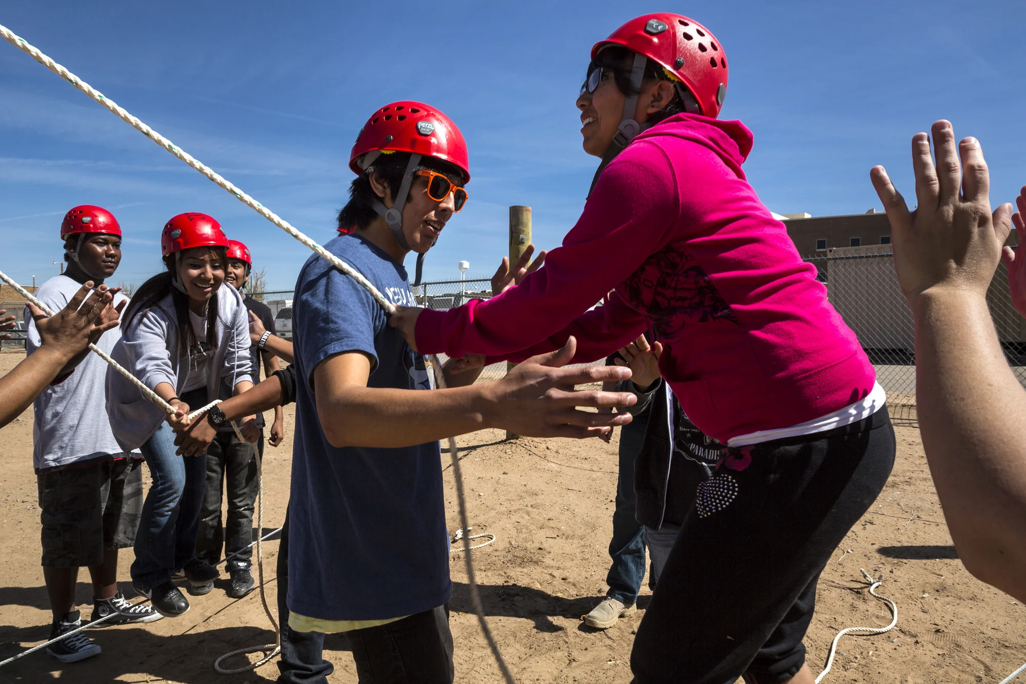 SHIPROCK, ARIZONA, 17 APRIL 2014: The Red Eagle Challenge at the Northern Navajo Medical Center for Health Promotion and Disease prevention, Shiprock, Arizona. This is a team-building, leadership excercise for Navajo Youth. Many of the students in t