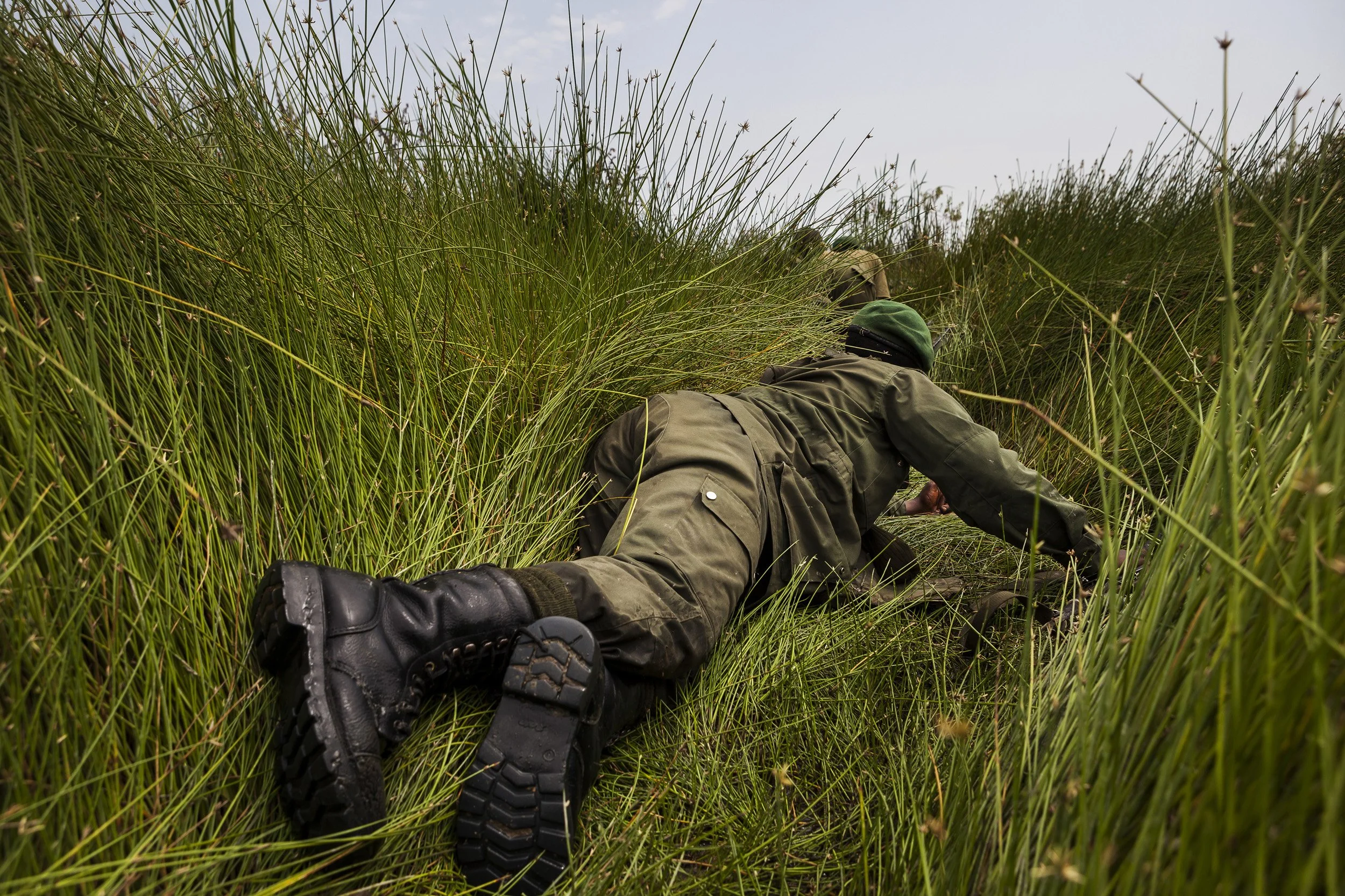 CHONDO, VIRUNGA NATIONAL PARK, DEMOCRATIC REPUBLIC OF CONGO, MARCH 2012: ICCN Congolese conservation rangers and members of the Congolese army capture illegal fisherman, Chondo, Virunga, 12 March 2012. Many of these fisherman are involved in this a