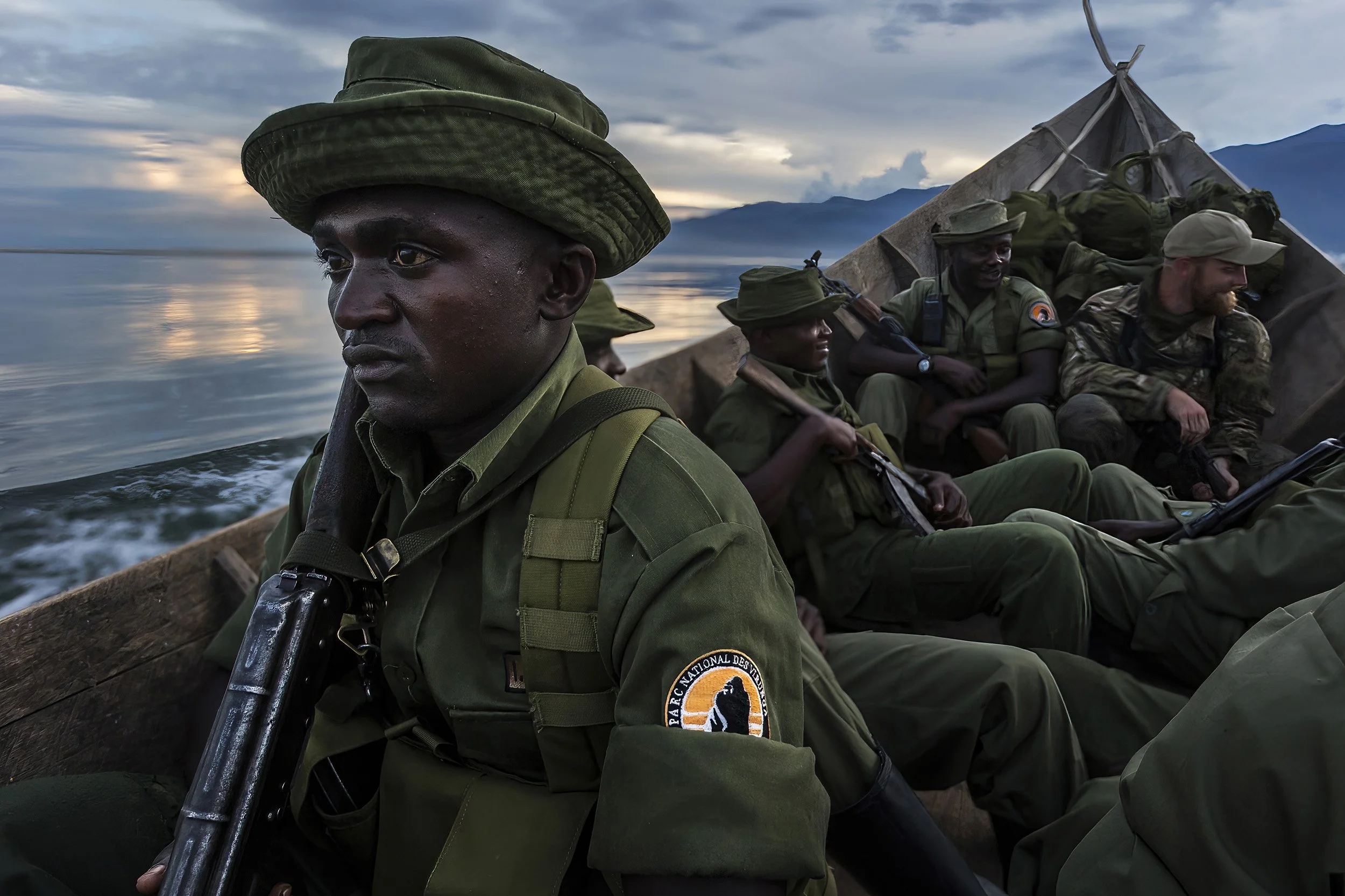 LAKE EDWARD, VIRUNGA NATIONAL PARK, DR CONGO, 11 MAY 2015: ICCN conservation Rangers move across the Lake at the beginning of a night exercise against the FDLR militia group. They are being trained by an EU appointed instructor in anti-poaching and
