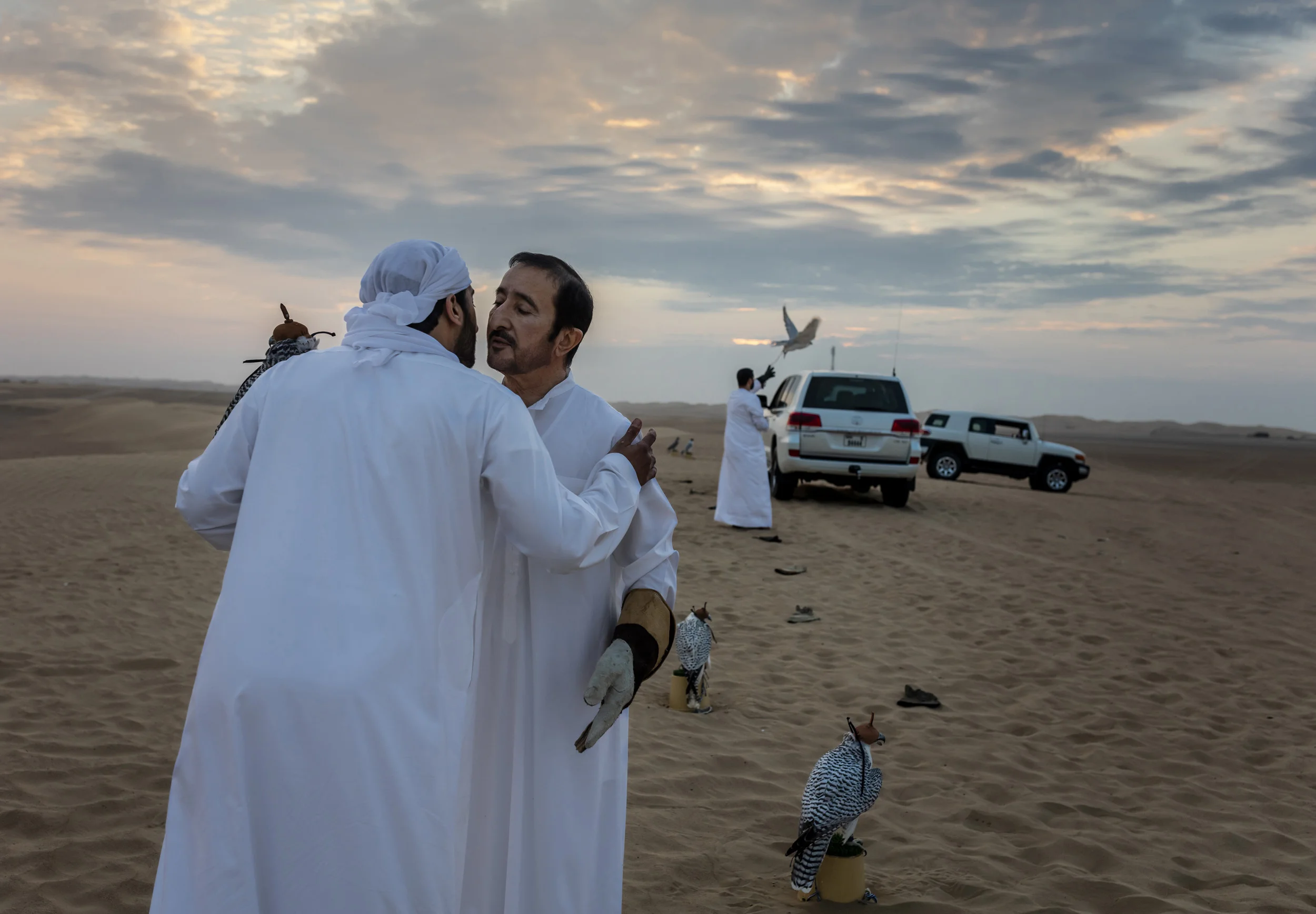 DUBAI, UAE, OCTOBER 20, 2018: Sheikh Butti Maktoum Bin Juma, a senior member of the Dubai Royal family, is greeted by his son Rashid as he trains his falcons in the desert outside Dubai. The Sheikh begins before dawn during the season, using multipl