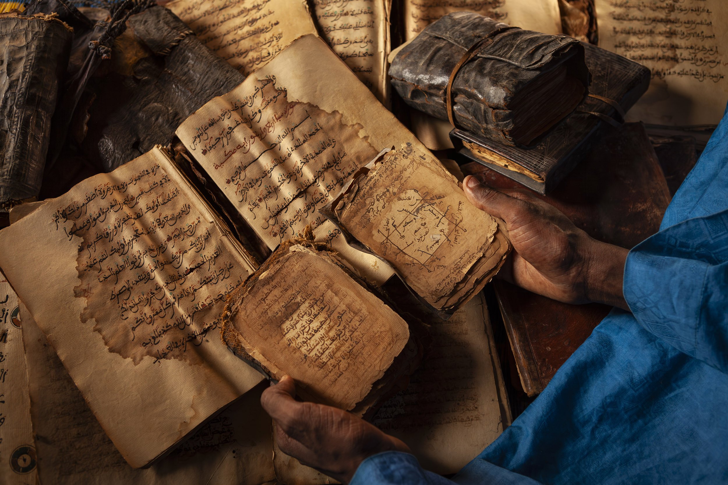 TIMBUKTU, SEPTEMBER 2009: , September 8, 2009. A view of manuscripts in a scholar's home in Timbuktu, September 8, 2009. Timbuktu is a historical Malian city, a long established centre of learning for Africa, Islam is at the heart of that learning