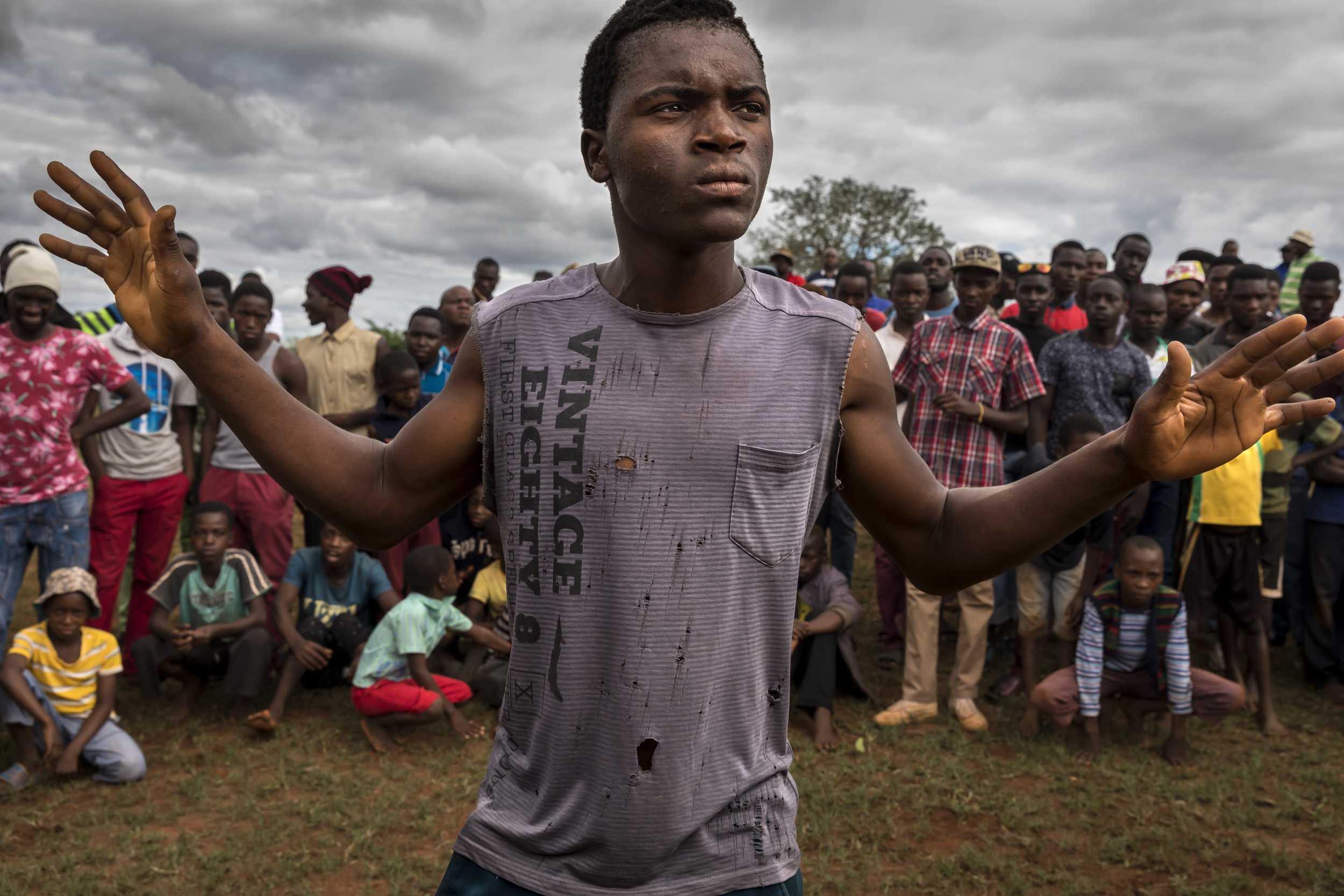 TSHIFIDI, VENDA, SOUTH AFRICA, 15 DECEMBER 2016: Men and boys of the Venda tribe challenge each other and fight bare knuckle over the festive period in South Africa. This is a tradition that dates back 200 years and began when herd boys tried to get
