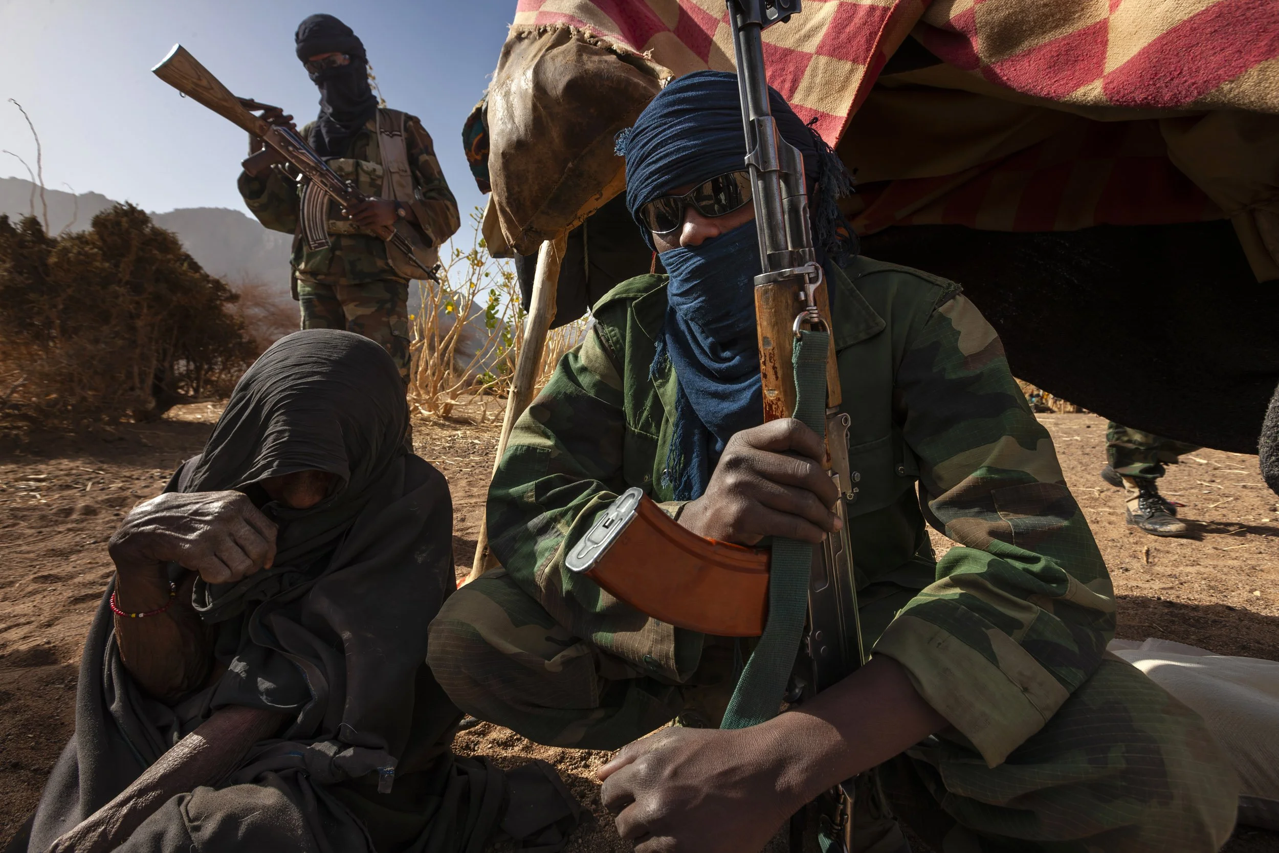 FARES, AIR MOUNTAINS, NORTHERN NIGER, APRIL 2009: Images of M.N.J, The Movement of Justice in Niger, visit a Tuareg Nomad dwelling to pay homage to an elderly woman who they say is regarded as the mother of all Tuaregs, MNJ are a Tuareg led rebellio
