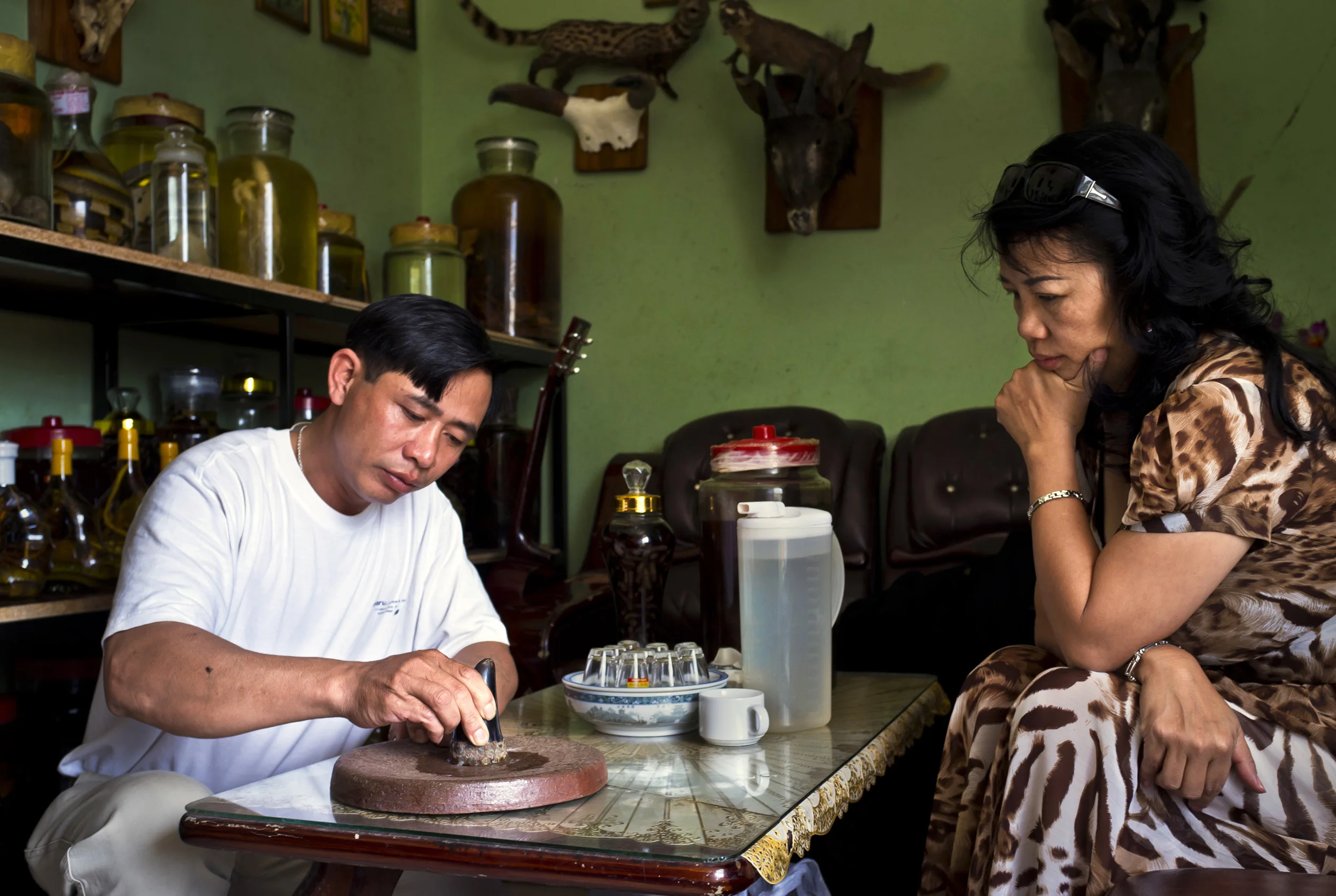SAIGON, VIETNAM: A traditional medicine specialist pours the grindings of Rhino horn mixed with water into a cup for drinking, Saigon, Vietnam. He has a client with breast cancer and she has been told that drinking Rhino horn can cure her cancer. Sh