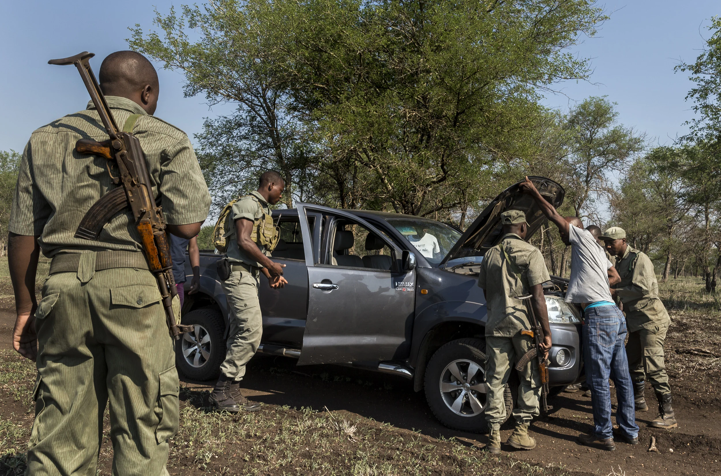 BAPTINE, MOZAMBIQUE, 1 APRIL 2016: A member of Sabie Game Park's IAPF contingent works with Mozabican Fauna Bravia units searching new and suspicious looking cars for evidence of Rhino poaching. Fauna Bravia are wildlife police in Mozambique. This i