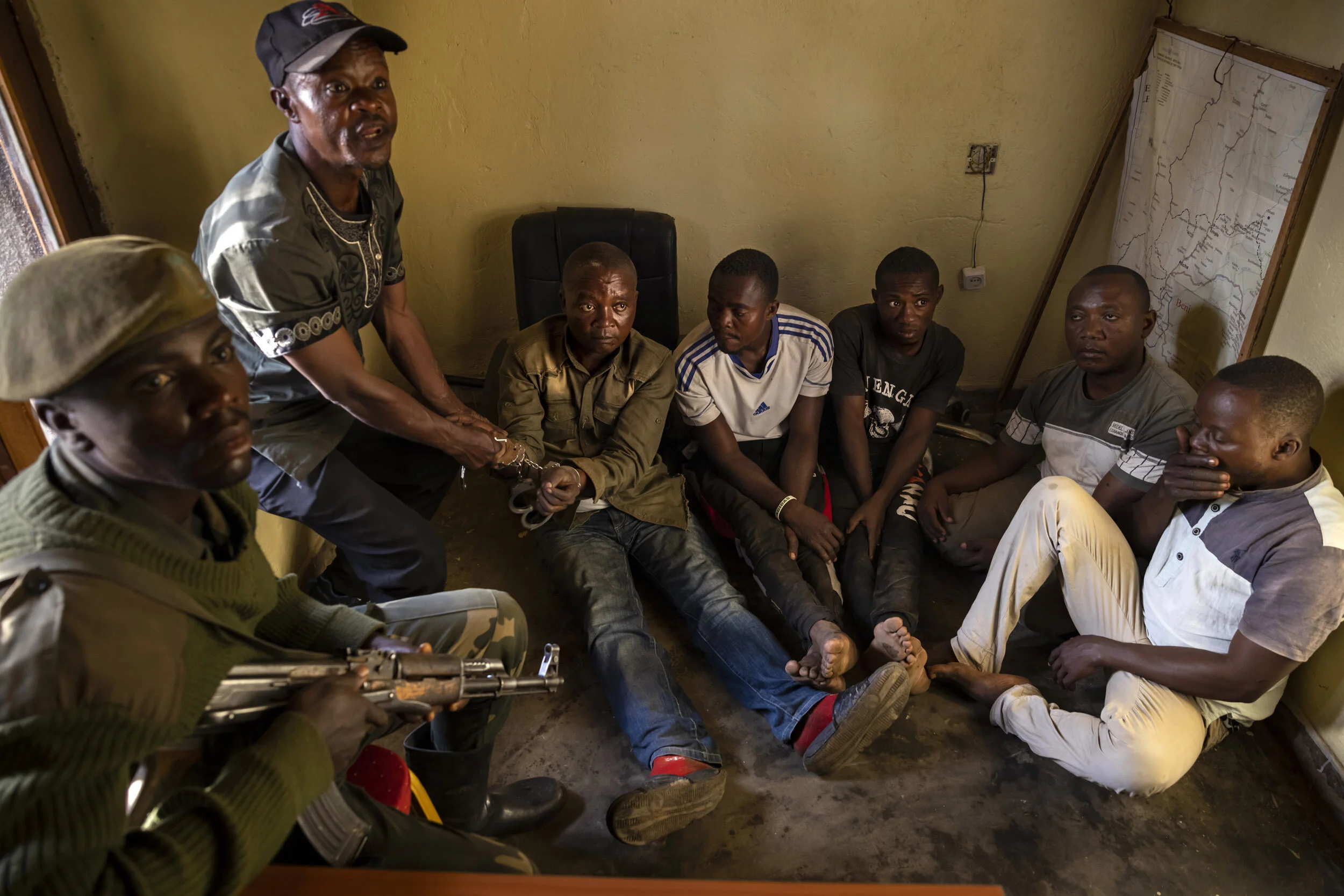 BENI, DEMOCRATIC REPUBLIC OF CONGO, 4 APRIL 2021: Five suspected collaborators with Islamic terror group, the ADF, are brought in for interogation by the Congolese army. They were named by two recently captured ADF fighters as working with the ADF.