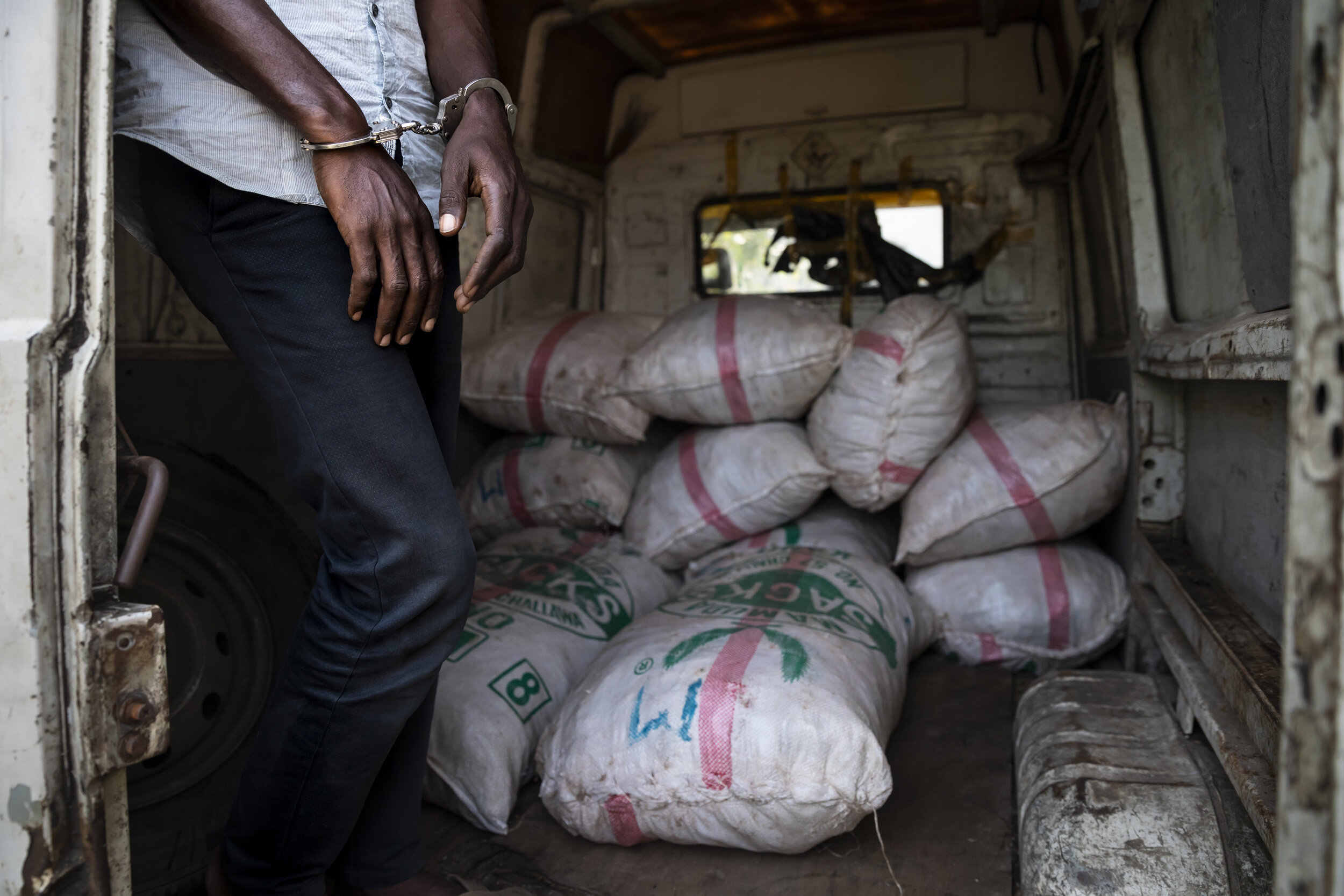 DOUALA, CAMEROON, 18 AUGUST 2018: Members of the Ministry of Wildlife, undercover Police and undercover members of LAGA, a wildlife law enforcement agency capture a group of 5 men who tried to sell one thousand kilograms of giant pangolin scales to