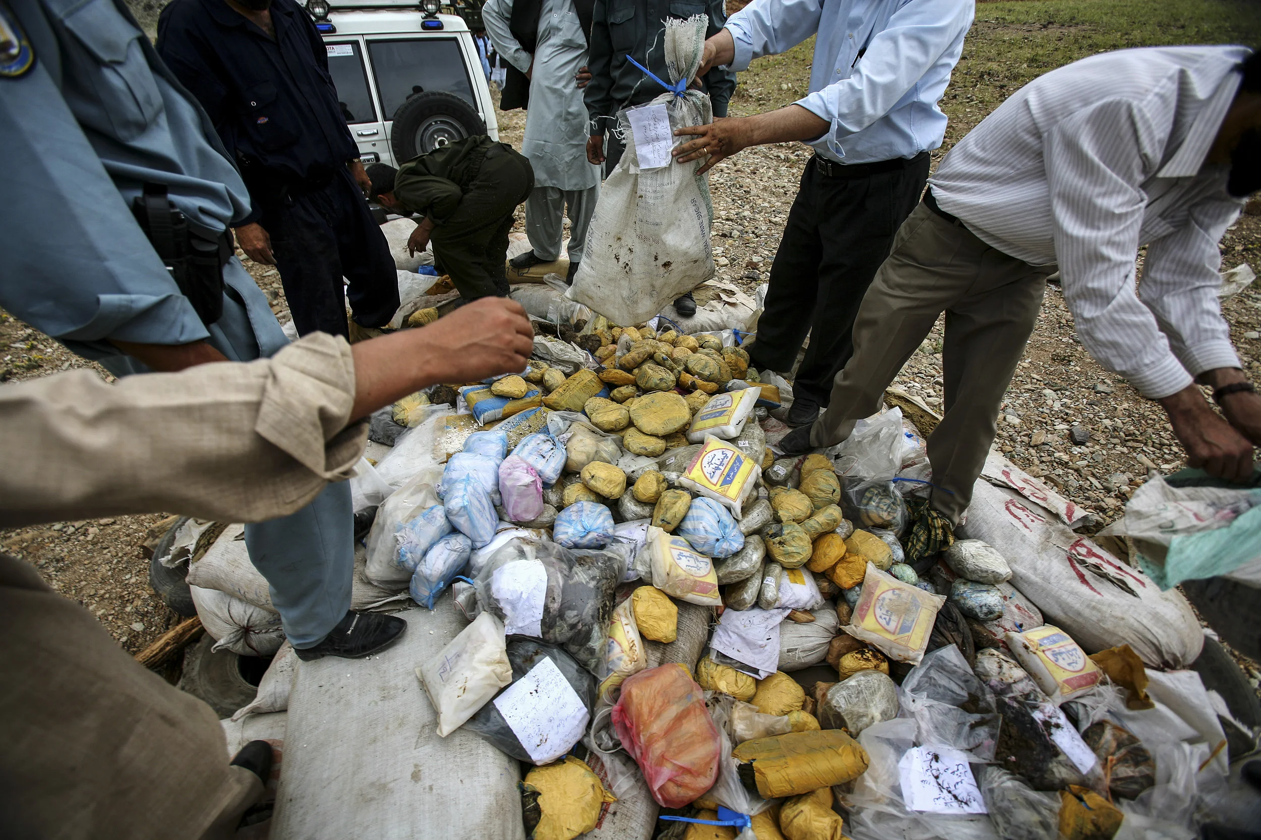 JALALABAD, AFGHANISTAN-APRIL 2007: Afghanistan counter-narcotics forces dispose of over 2500kg of confiscated opium, heroin and hashish they have recovered in various busts and investigations across the poppy growing areas around Jalalabad, Afghanis