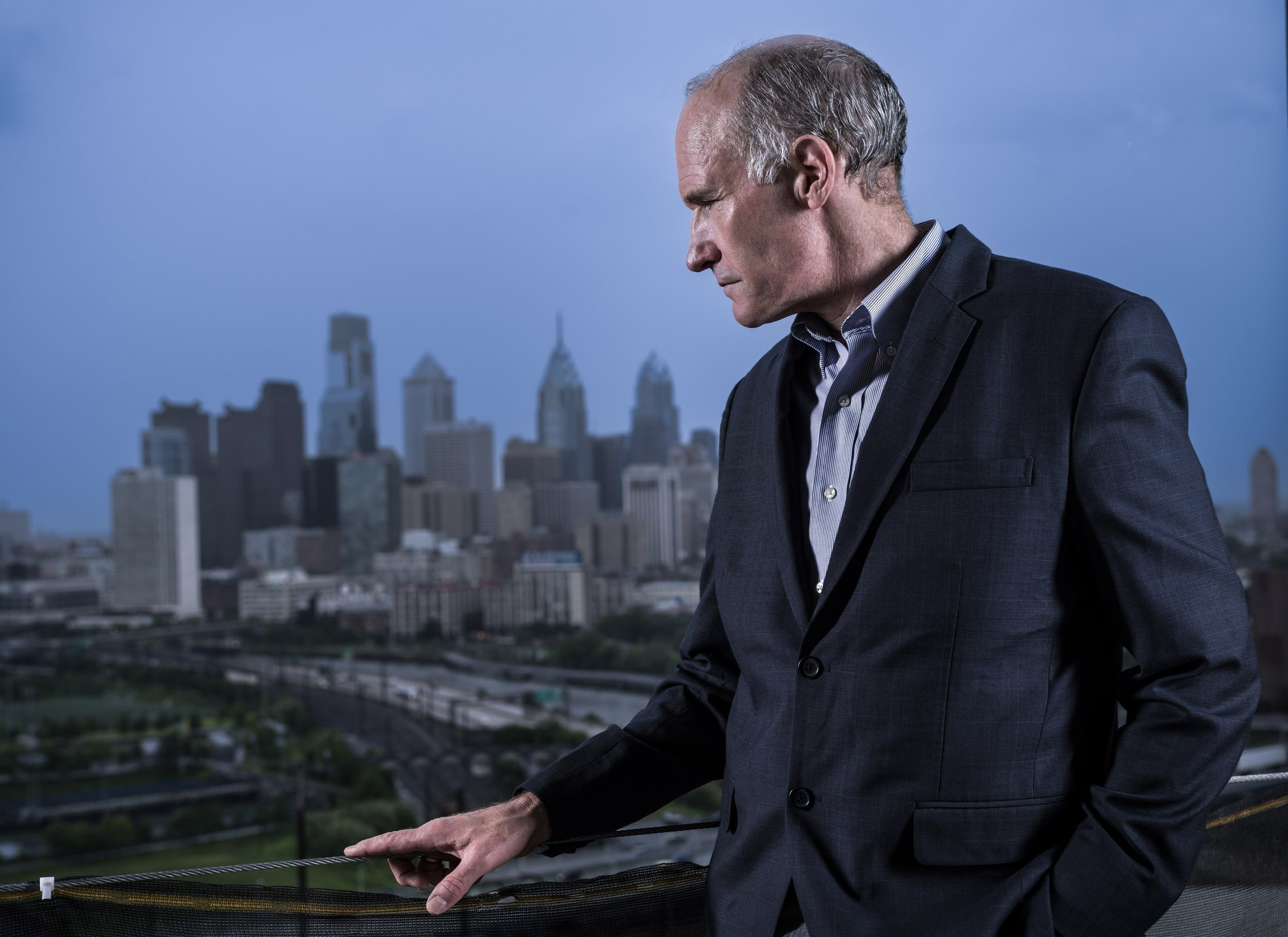 PHILADELPHIA, PENNSYLVANIA, USA, 15 JULY 2015: Dr Carl June, head of the Cart19 cancer program at UPenn surveys the Philadelphia skyline from the construction platform for his new laboratory. The lab is being built with help from Novartis who have s