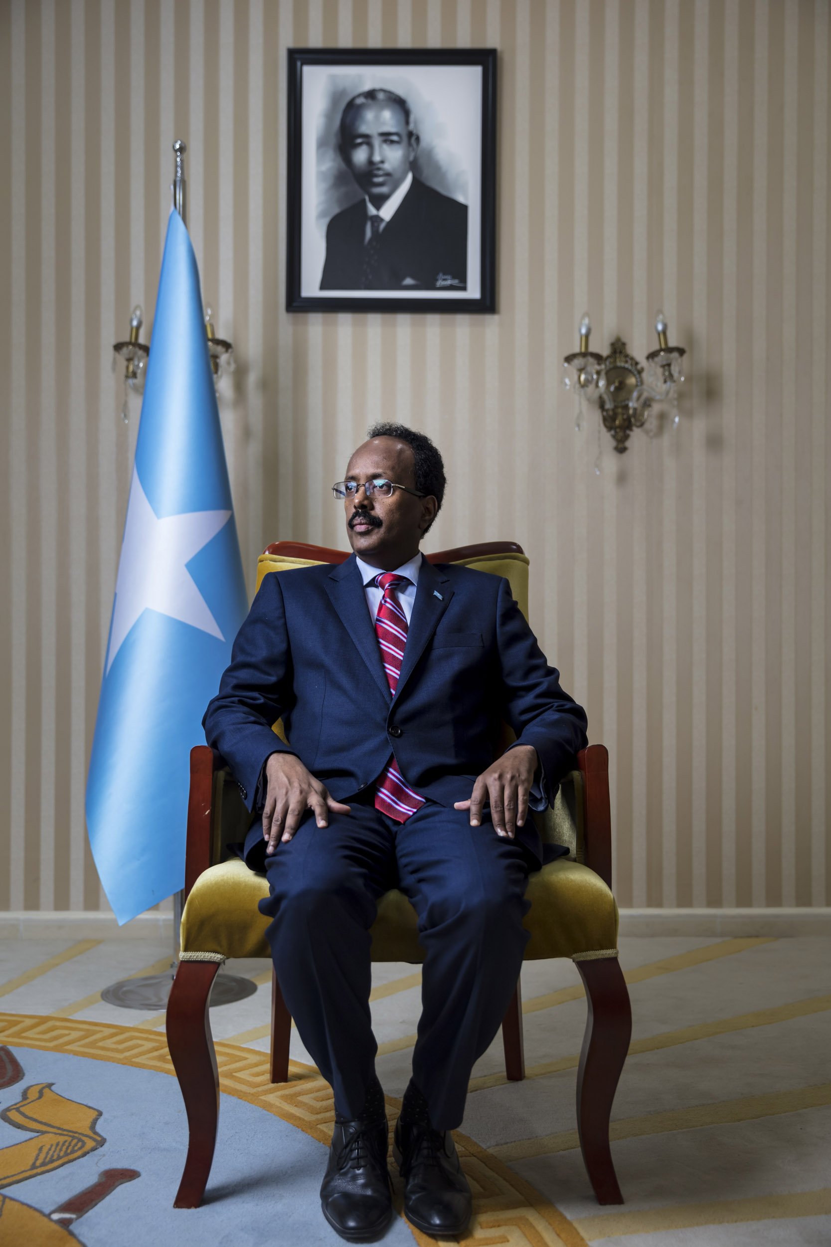 MOGADISHU, SOMALIA, 3 AUGUST 2017: The president of Somalia, Mohamed Abdullahi Mohamed Farmagio, the 9th elected president of this complicated country. President Farmagio is an American citizen and part of the Somali diaspora displaced around the wo