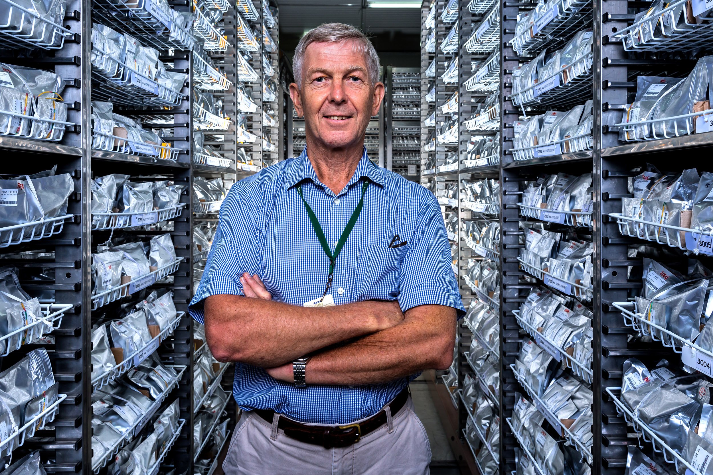 IRRI, LOS BANOS, PHILIPPINES, 9 AUGUST 2016: Dr Ruaraidh Sackville Hamilton, head of the TT Chang Genetic Resources center, Genetics and Biotechnology. He is seen standing in the cold room for the active collection of rice seeds for IRRI, over 120 0