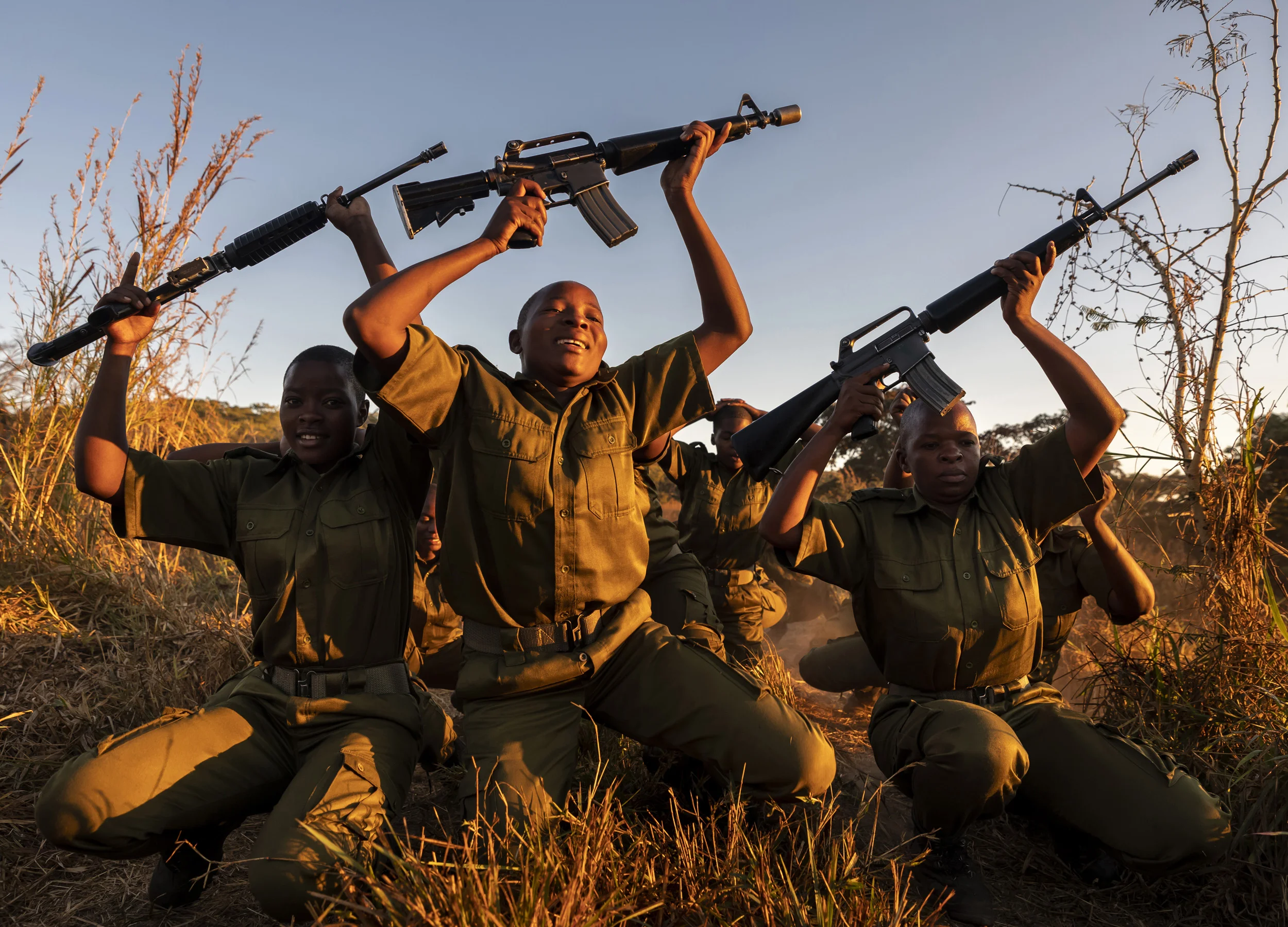PHUNDUNDU WILDLIFE AREA, ZIMBABWE, JUNE 2018: Members of the all female conservation ranger force known as Akashinga undergo tough training in the bush near their base. Akashinga (meaning the ‘Brave Ones’ in local dialect) is a community-driven cons