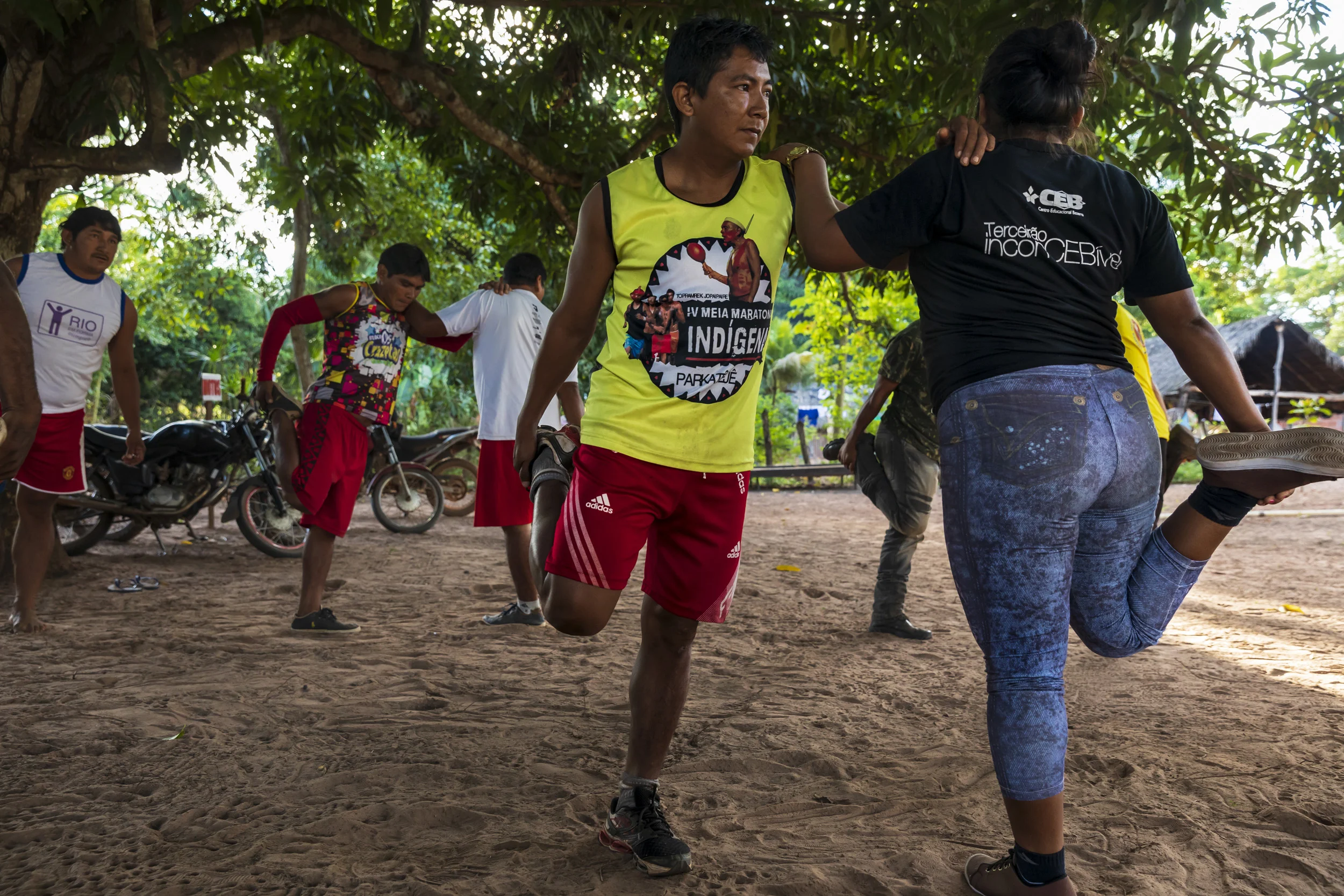 MARANHAO, BRAZIL, JUNE 2018: Indigenous members of IBAMA, the Brazilian Enviromnmental Protection Agency, perform excercises in the village of Governador, the central village in the tribal area for Gaviao Indigenous people. TI Governador is the ance