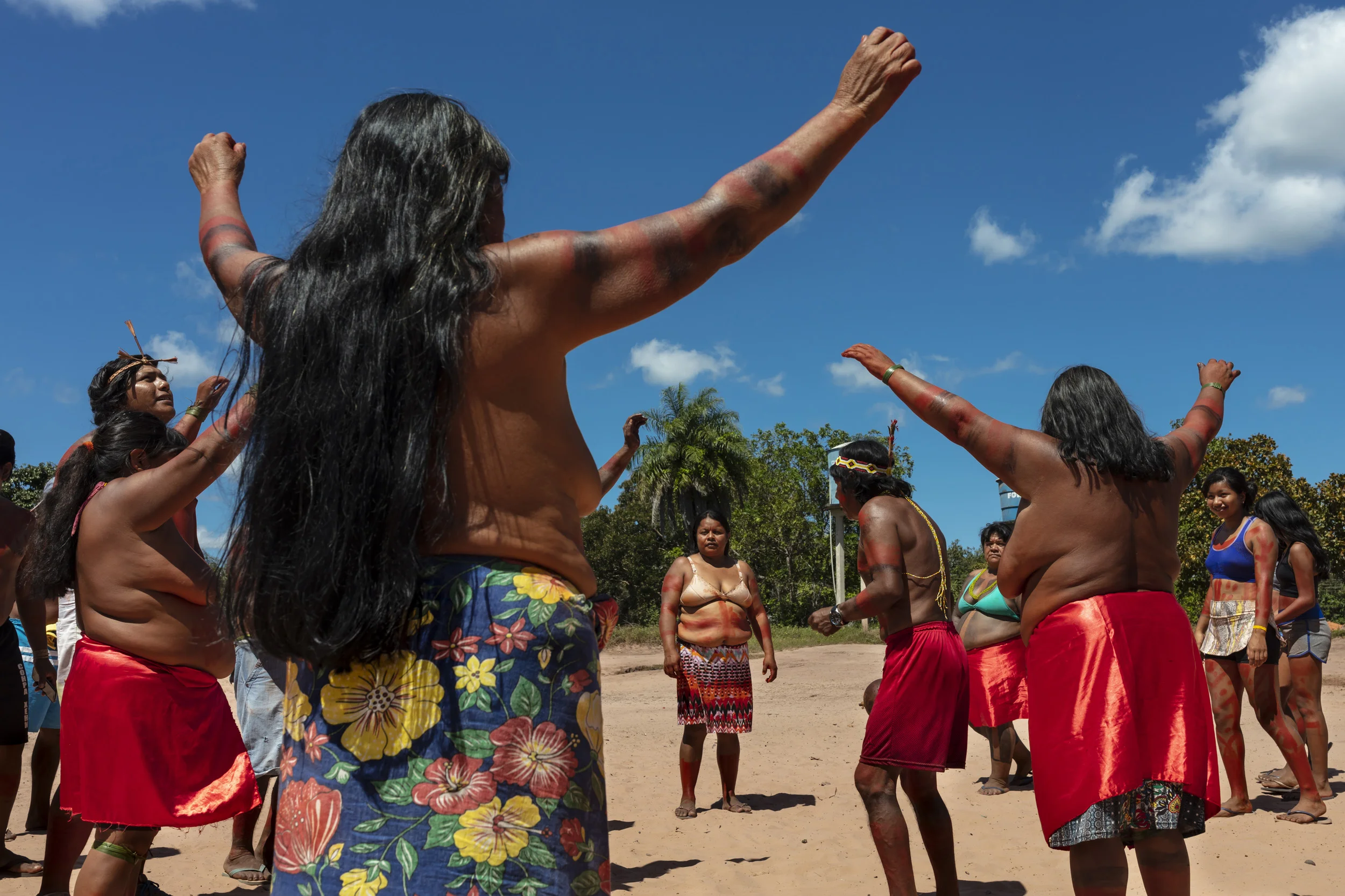 MARANHAO, BRAZIL, JUNE 2018: Indigenous people from the village of Governador prepare for a dance in the central village in the tribal area for Gaviao Indigenous people. TI Governador is the ancestral territory of the Gavião people; it encompasses 4