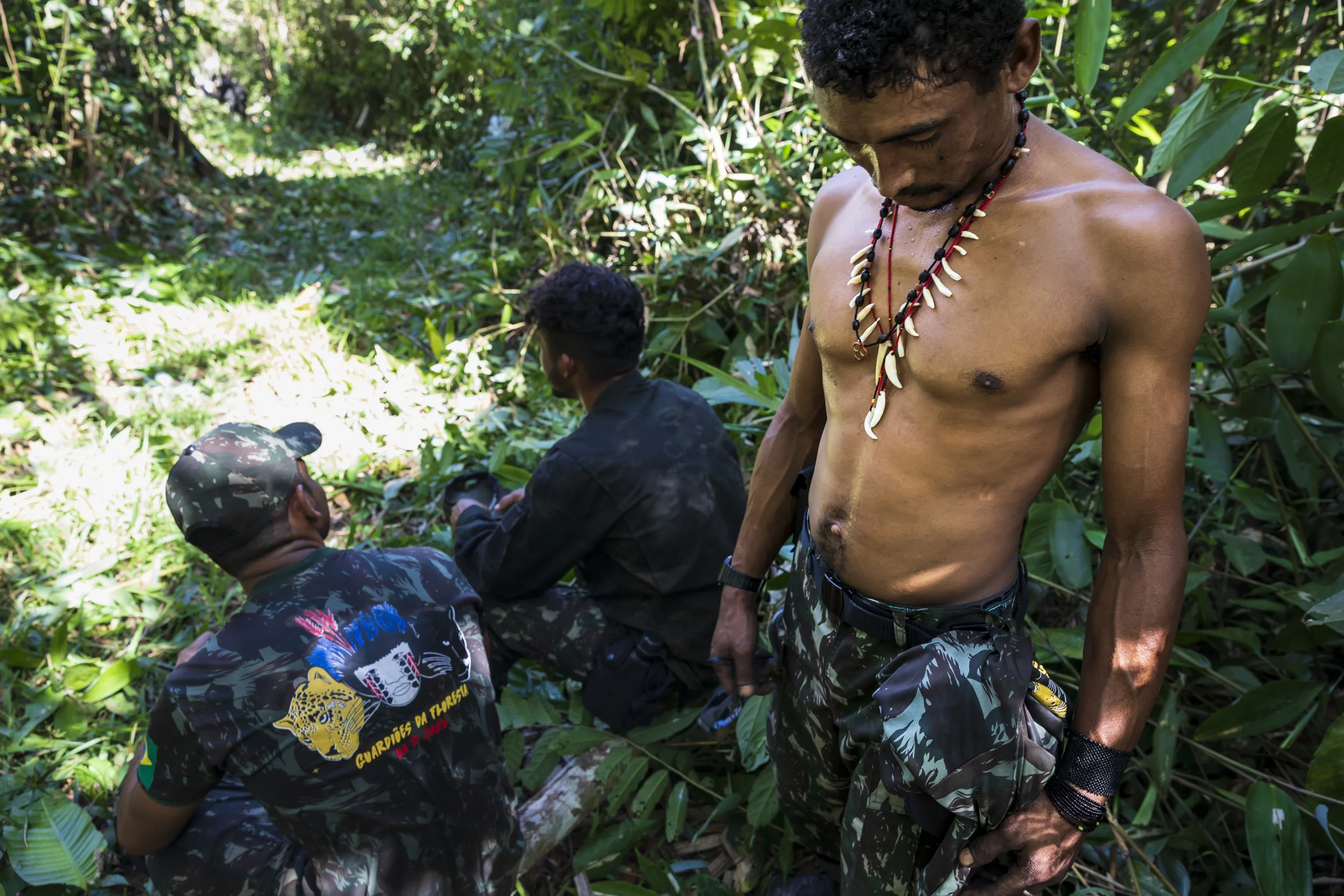 MARANHAO, BRAZIL, JUNE 2018: Forest Guardians from the village of Macaranduba in the Karu Indigenous Territory cut new pathways to help IBAMA move through their forests. This helps to get to fires and also to find illegal loggers. This village has