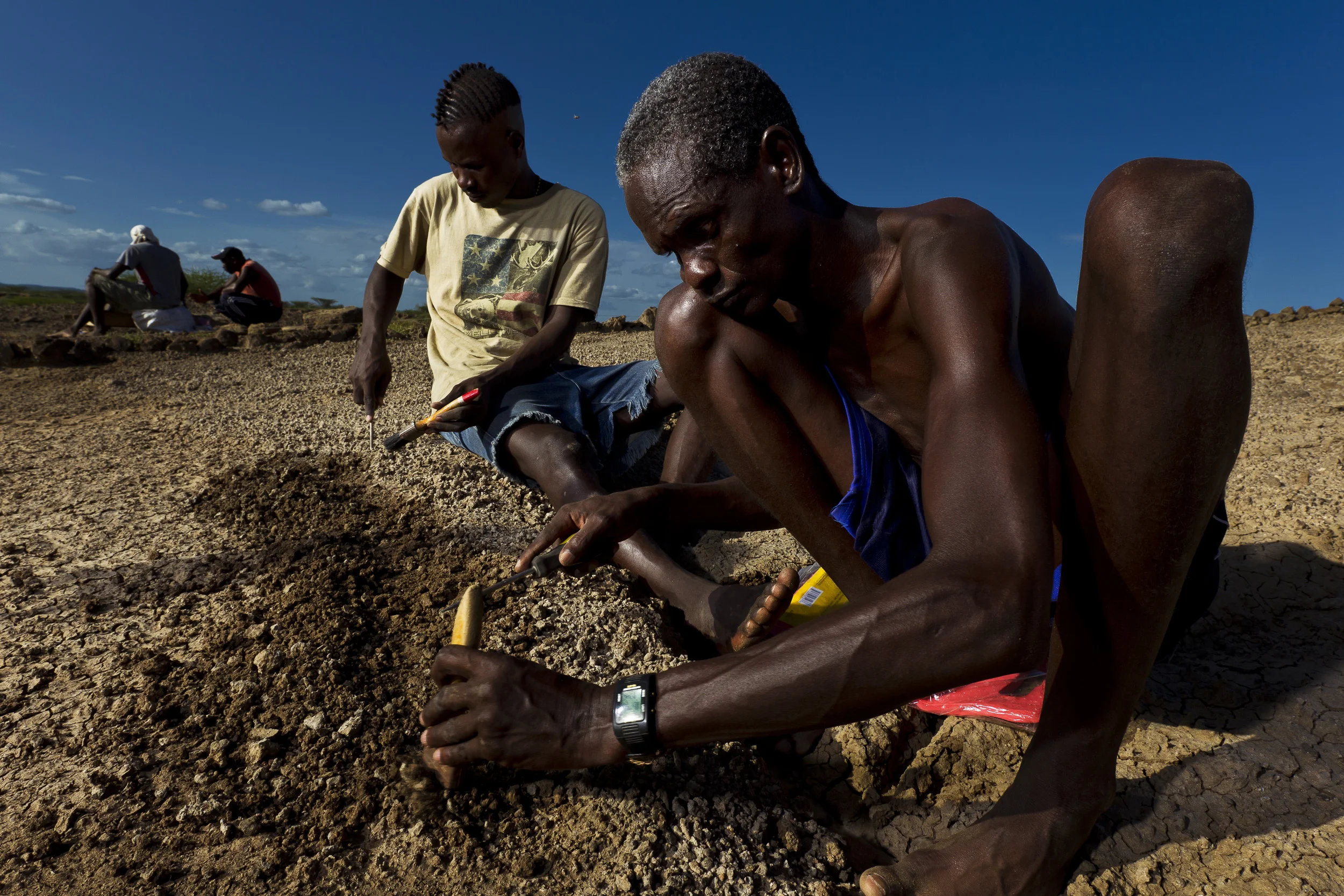 LAKE TURKANA, NORTHERN KENYA, MAY 2010: Trained Dasenetch pastoralist men sift for hominid fossils at one of the sites of the Ileret Turkana Basin Institute in Lake Turkana in North Kenya, 20 May 2010. The Lake Turkana region is one of the greatest