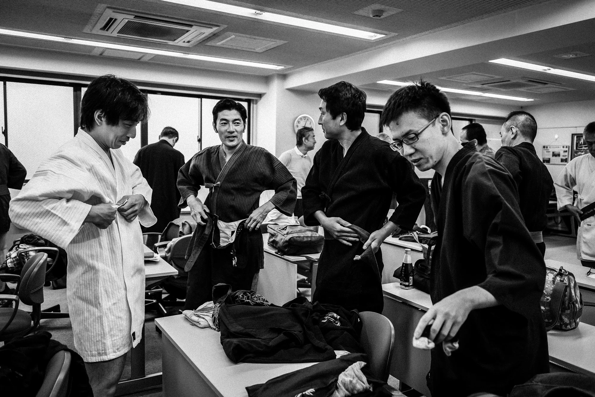 TOKYO, JAPAN, 18 OCTOBER 2014: Sensei Yagyu, a master whose family was important in the creation of 3 centuries of the warrior class of Japan. He is seen lecturing a group of students and also in his modern dojo. His classes represent the better off