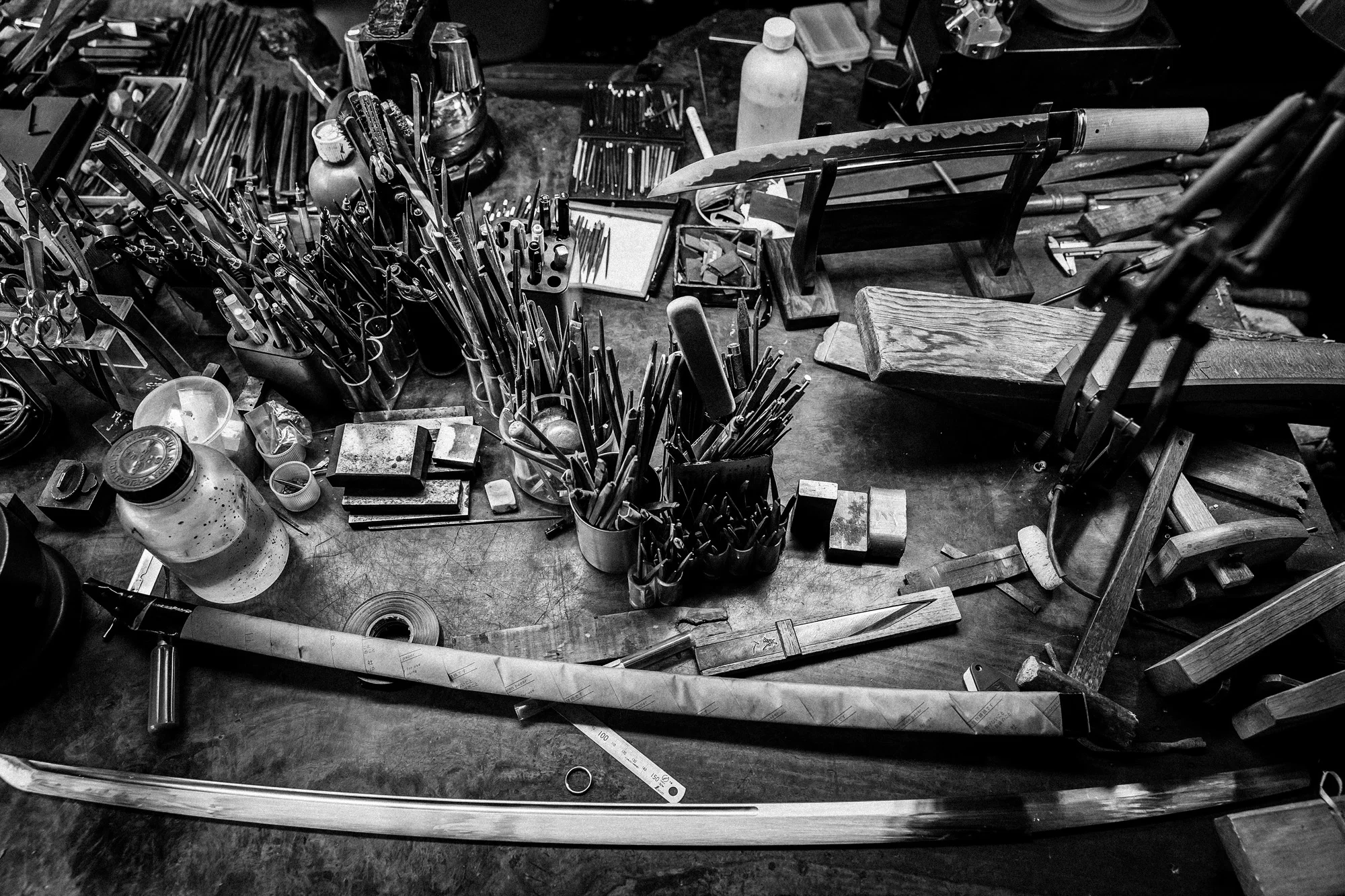 TOKYO, JAPAN, 22 OCTOBER 2014: Images inside the home and foundry of Master Japanese swordsmith Yoshindo Yoshihara, Tokyo, Japan. The Japanese sword is known globally for its quality and there is a centuries old tradition of swordmaking in Japan, st