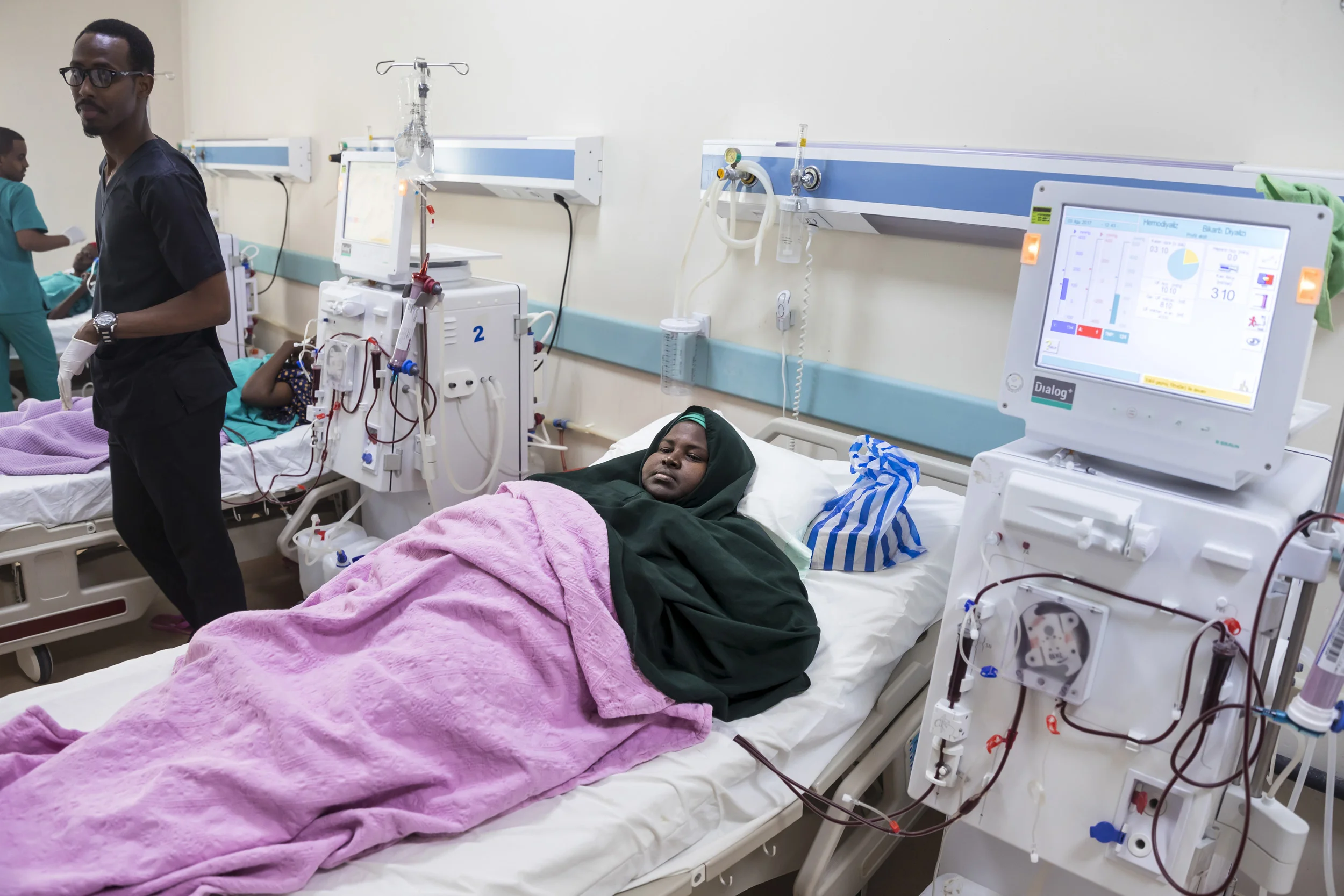 MOGADISHU, SOMALIA, 3 AUGUST 2017: Patients receive kidney dialysis at the new Turkish built and run hospital in Mogadishu. This special unit is the only one of its kind in Somali and services over 100 patients a week. The hospital also has 16 incub