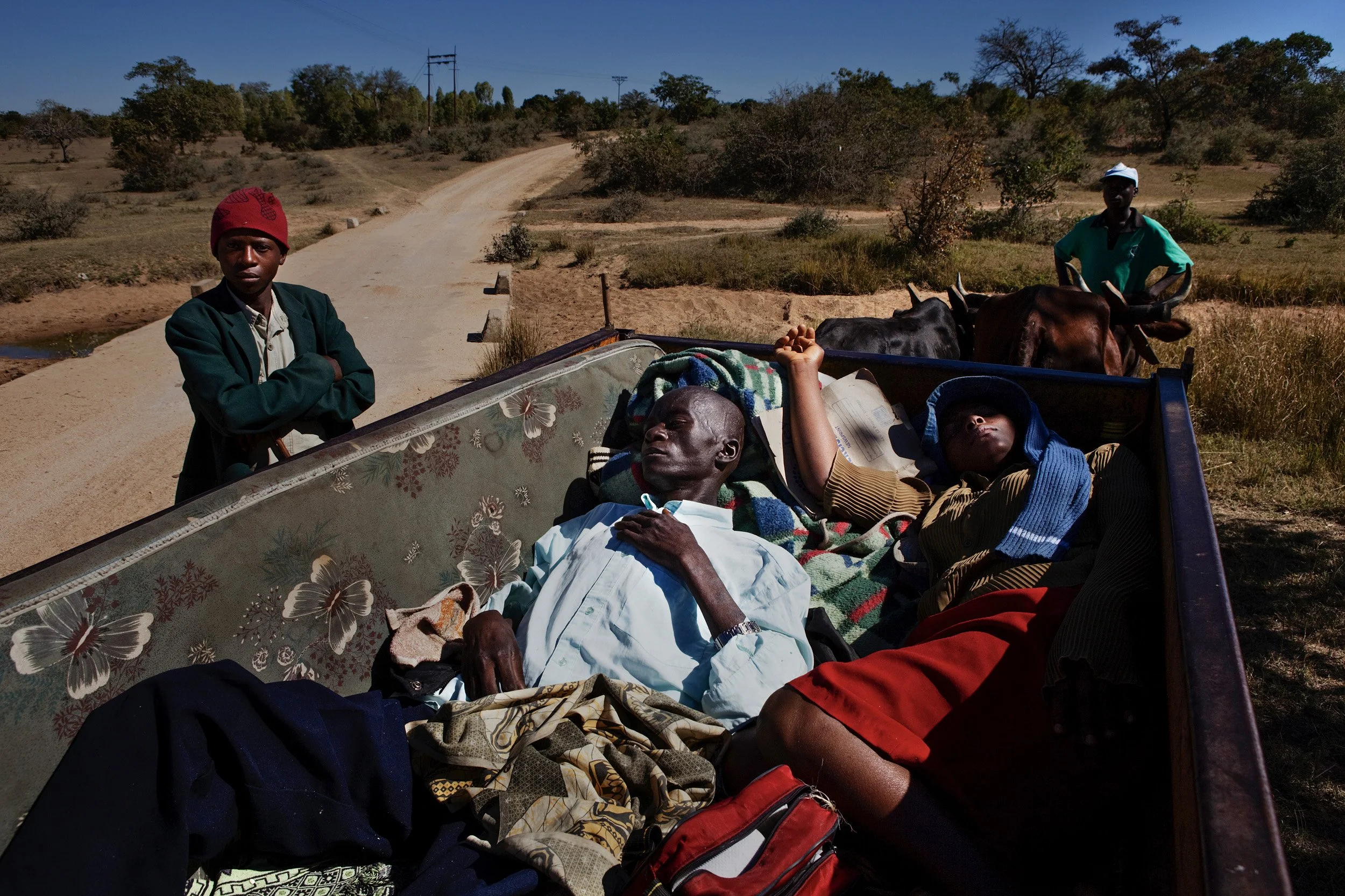 ZAKA, ZIMBABWE, 14 JUNE 2009: A man and women suffering from advanced Tuberculosis are taken to a clinic via ox-wagon in a rural area of Zaka, Zimbabwe, 24 June 2009. It is likely that both are HIV positive. Transport costs alone to and from the hosp