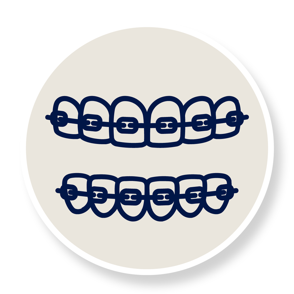 A woman with braces on her teeth touching her lower lip with her finger.