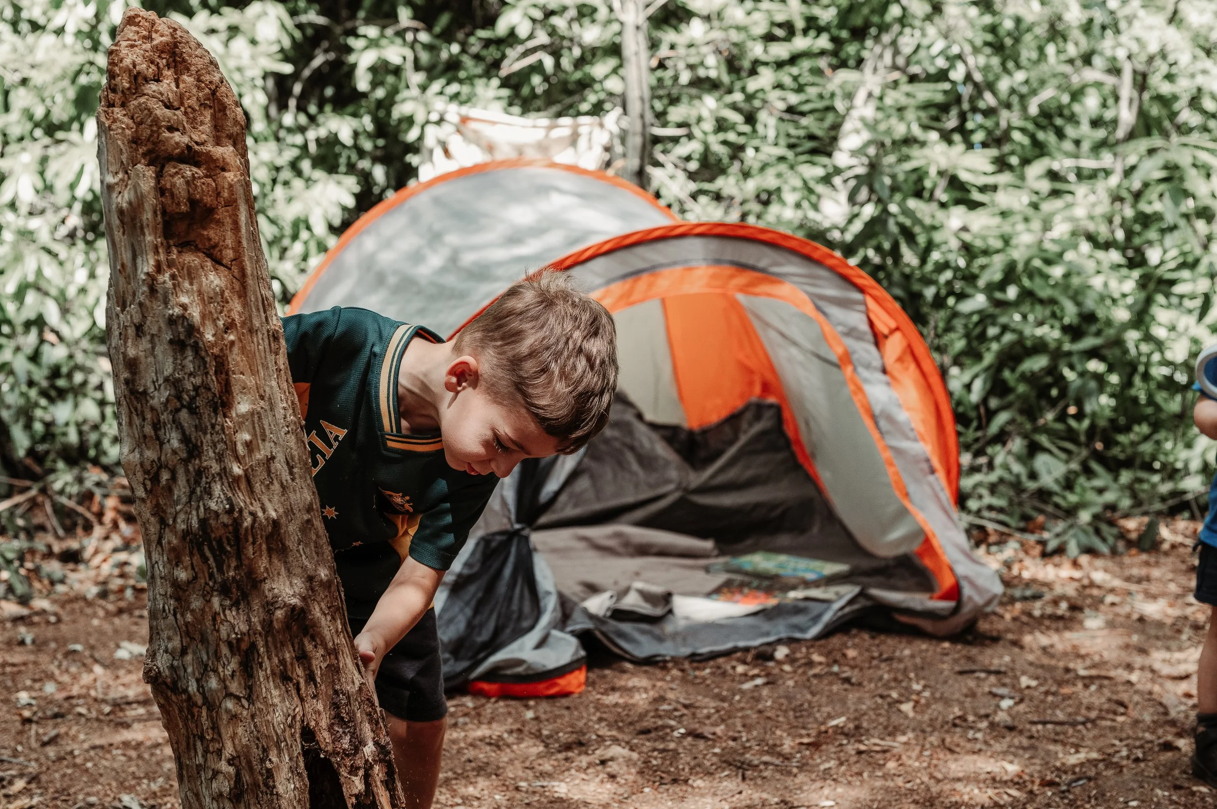 A young boy outdoors near a small orange and gray tent in a wooded area, leaning over and holding a tree.