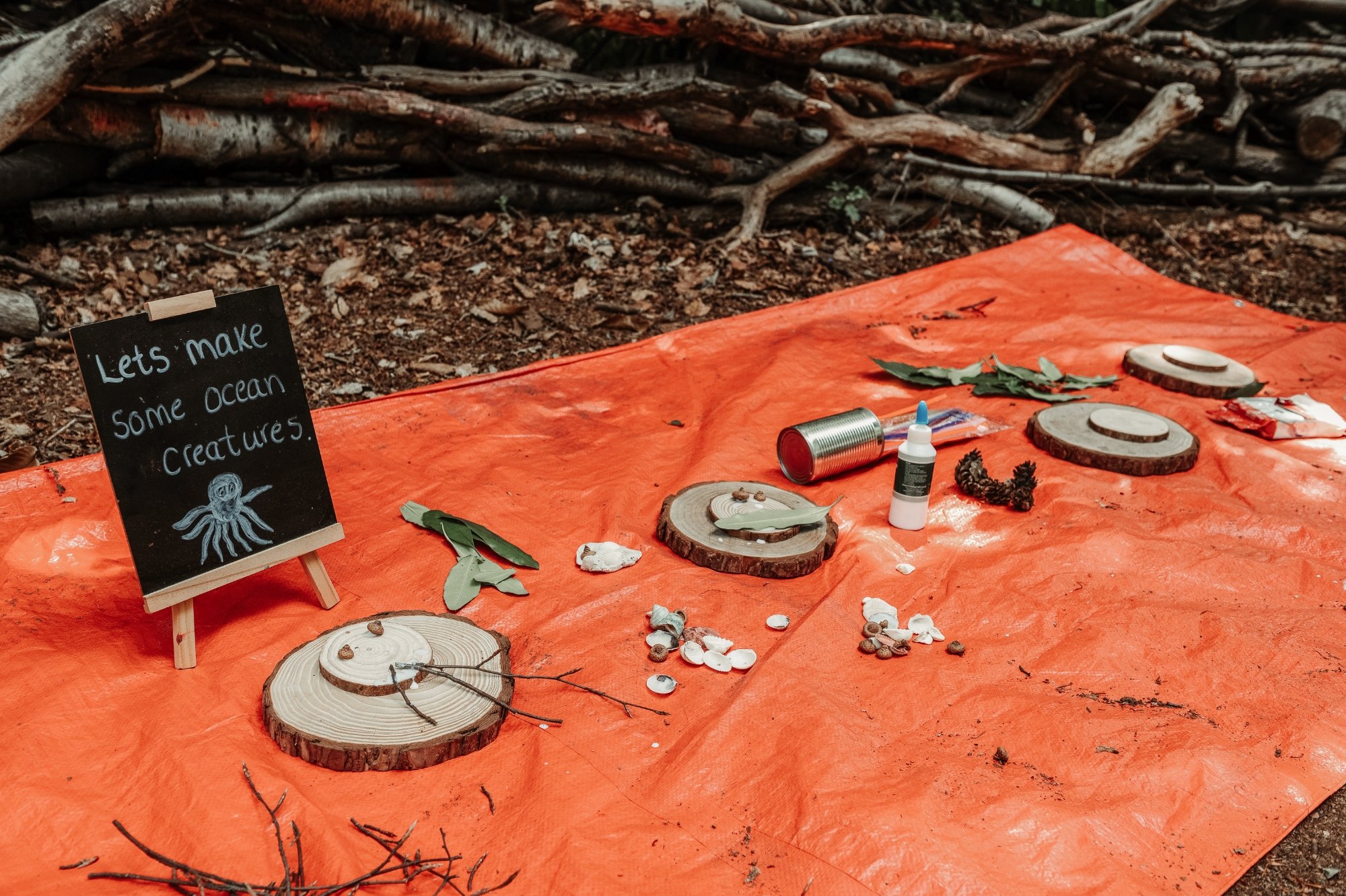 Outdoor craft display on orange tarp featuring wooden log slices, seashells, leaves, branches, a small blackboard sign reading "Let's make some ocean creatures," glue, and craft supplies.