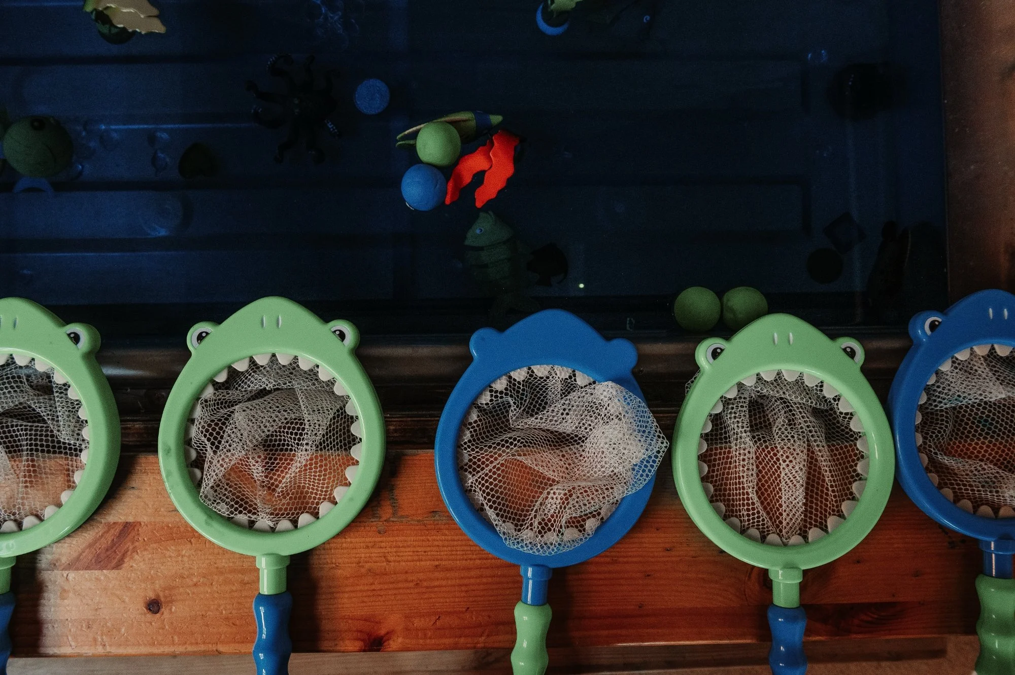Colorful plastic animal-shaped bug catchers with mesh scoops placed on a wooden surface, with a mirror in the background reflecting toy balls and other small toys.