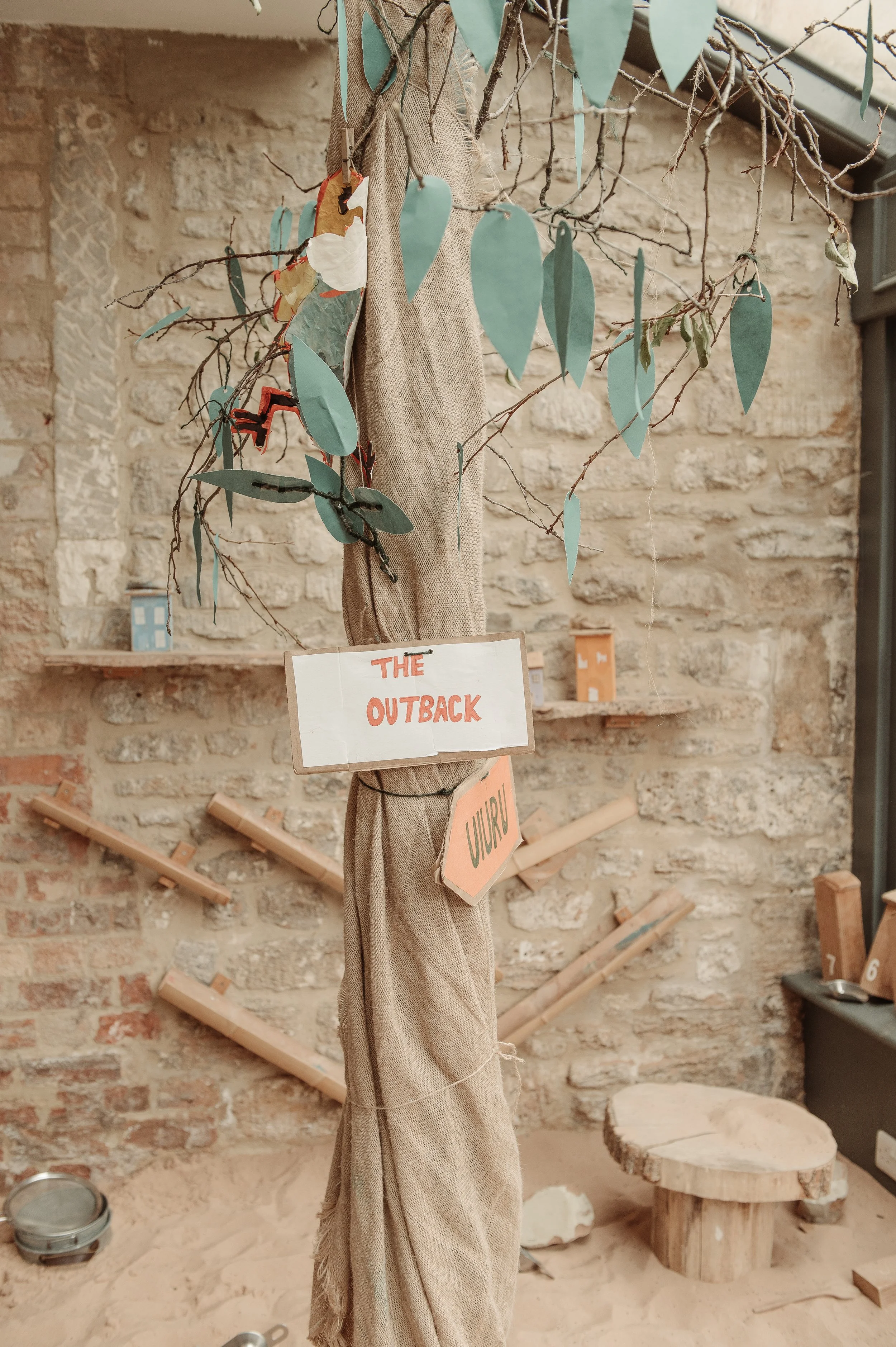 A tree with blue-green paper leaves and signs attached, with a sign reading 'THE OUTBACK' and another reading 'UIURU'. The background features a stone wall, wooden objects, and small shelves with various items.