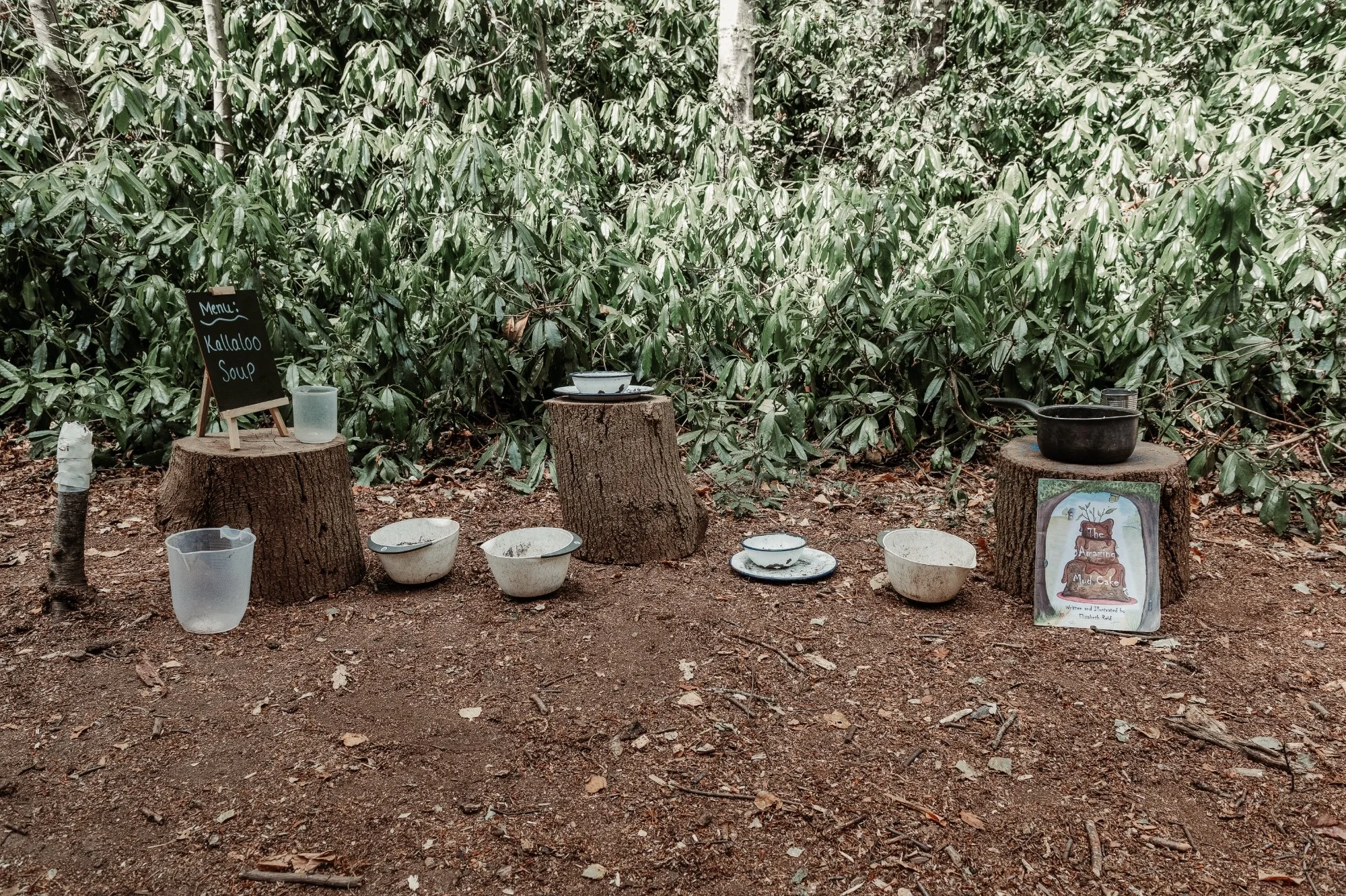 Outdoor display with tree stumps, bowls, a black pot, a picture of a cake, and a chalkboard sign that reads 'Menu: Katalloo Soup' in front of green leafy bushes.