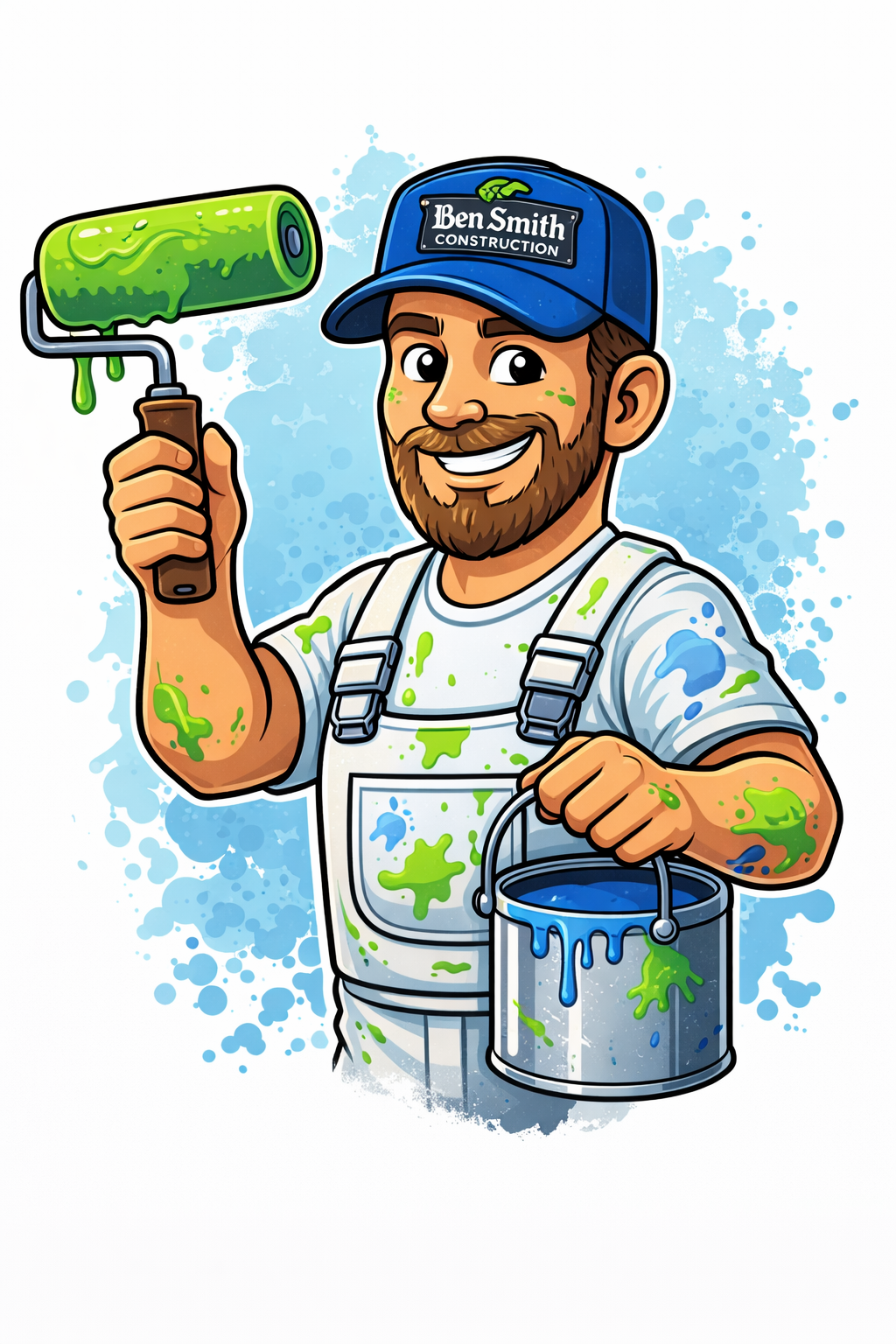 A cheerful cartoon handyman with a beard and cap, holding a paint roller and bucket, covered in green and blue paint splatters.