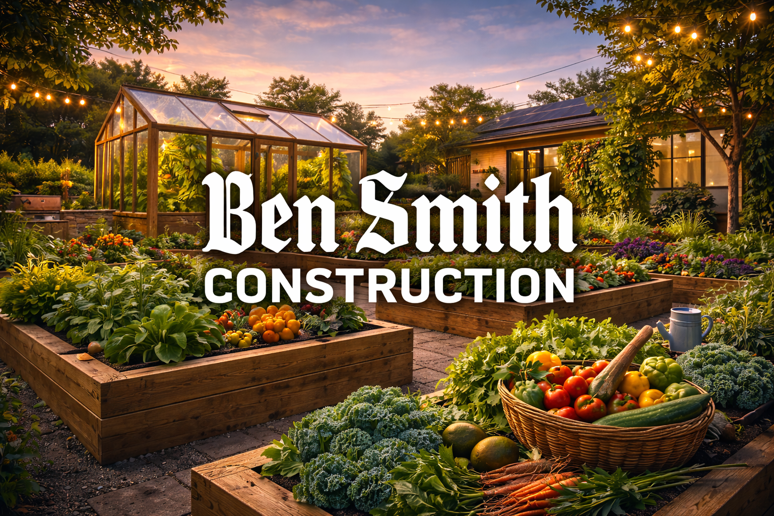 A lush vegetable garden at sunset with a greenhouse and a house in the background, decorated with string lights.