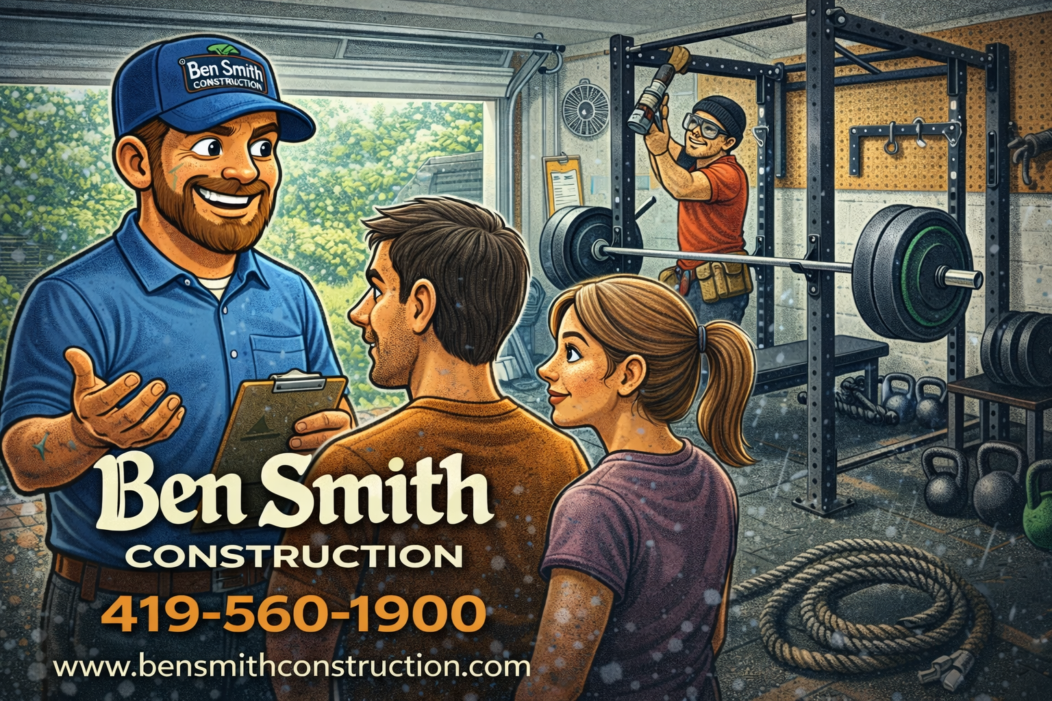 Illustration of Ben Smith Construction consulting homeowners in a custom garage gym, featuring a contractor in a blue shirt and cap discussing home gym design while a worker trains in the background.