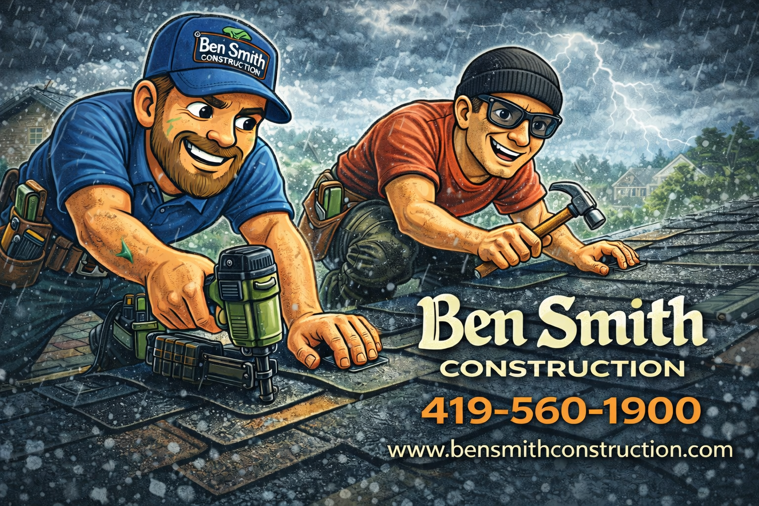 Illustration of two roofing contractors from Ben Smith Construction working on a residential roof during a storm, showing professional roof repair and emergency roofing services.
