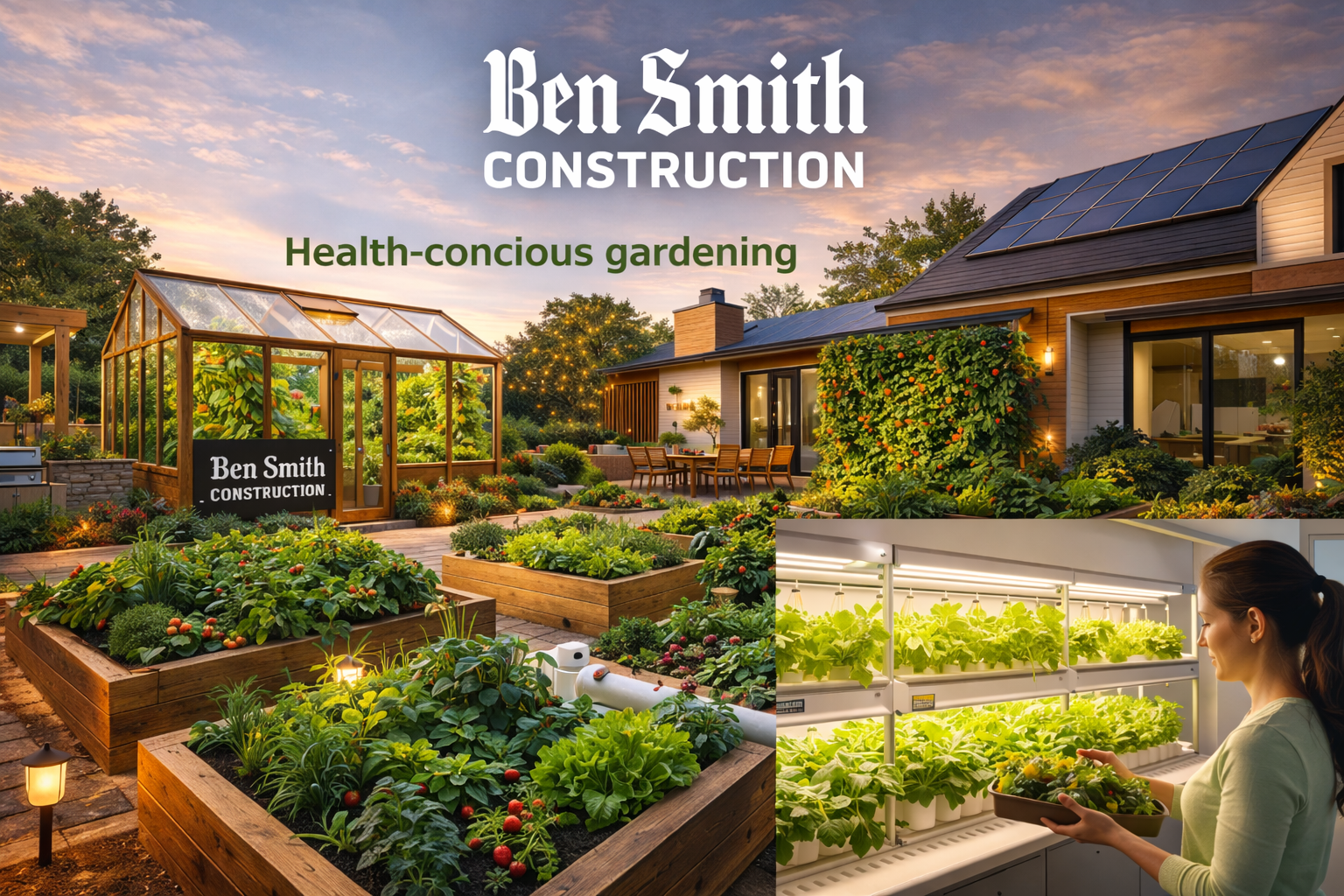 A lush backyard garden with raised beds and a greenhouse, featuring vegetables and fruits, with a modern house and outdoor dining area in the background at sunset. An inset shows a woman examining indoor hydroponic lettuce under grow lights.