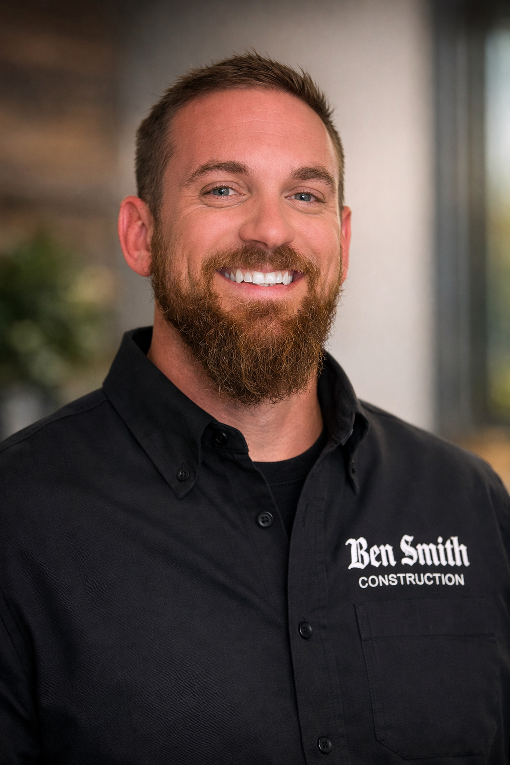 A smiling man with a beard and mustache, wearing a black button-up shirt with text that says 'Ben Smith Construction' on it, standing indoors near a window.