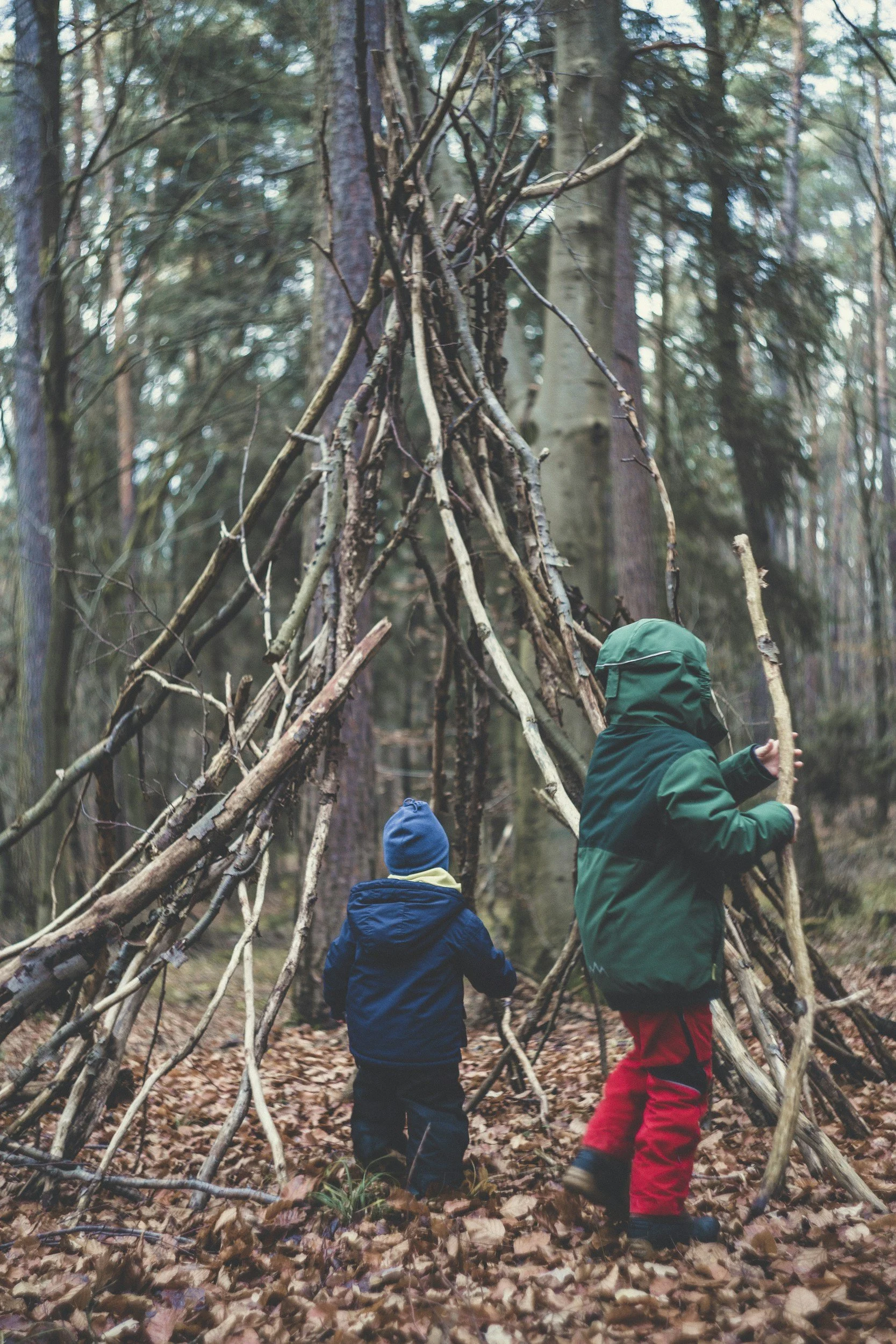 Two children in winter jackets and beanies building a teepee with sticks in a forest.