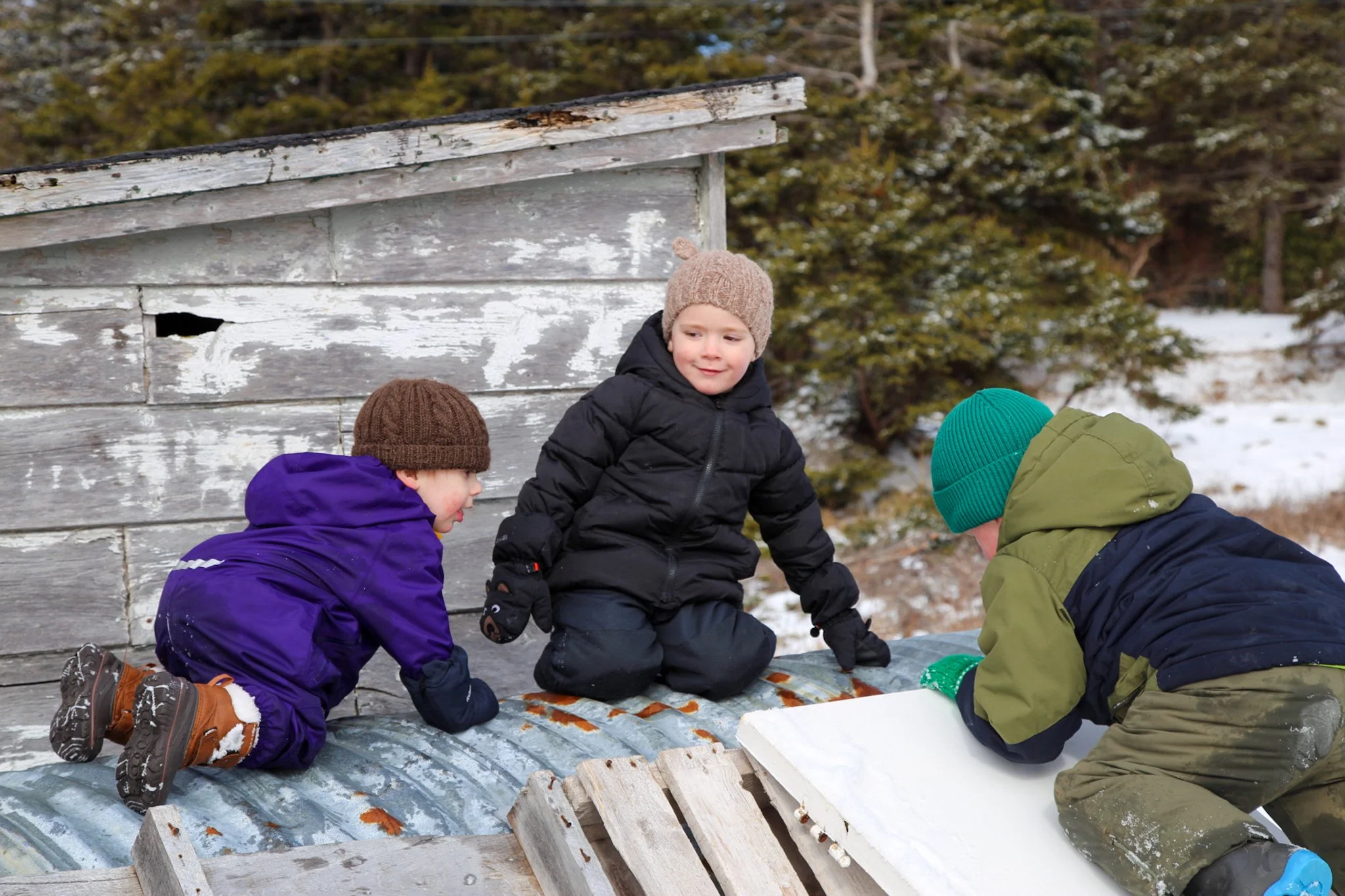 Four children wearing winter clothing and hats are outside near an old wooden structure with snow on the ground. One child is crouched down, another is sitting on the wood, and the others are partly visible, engaging with each other.
