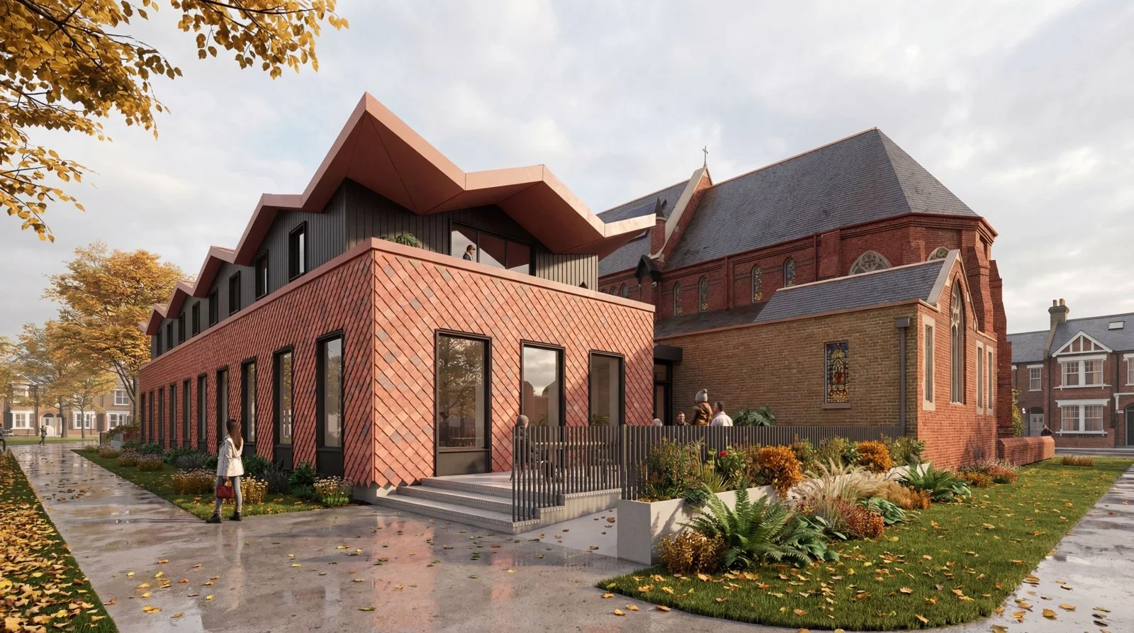 Rendered View of Christ Church W4 Acton Green Proposal | Facing the church, corner view