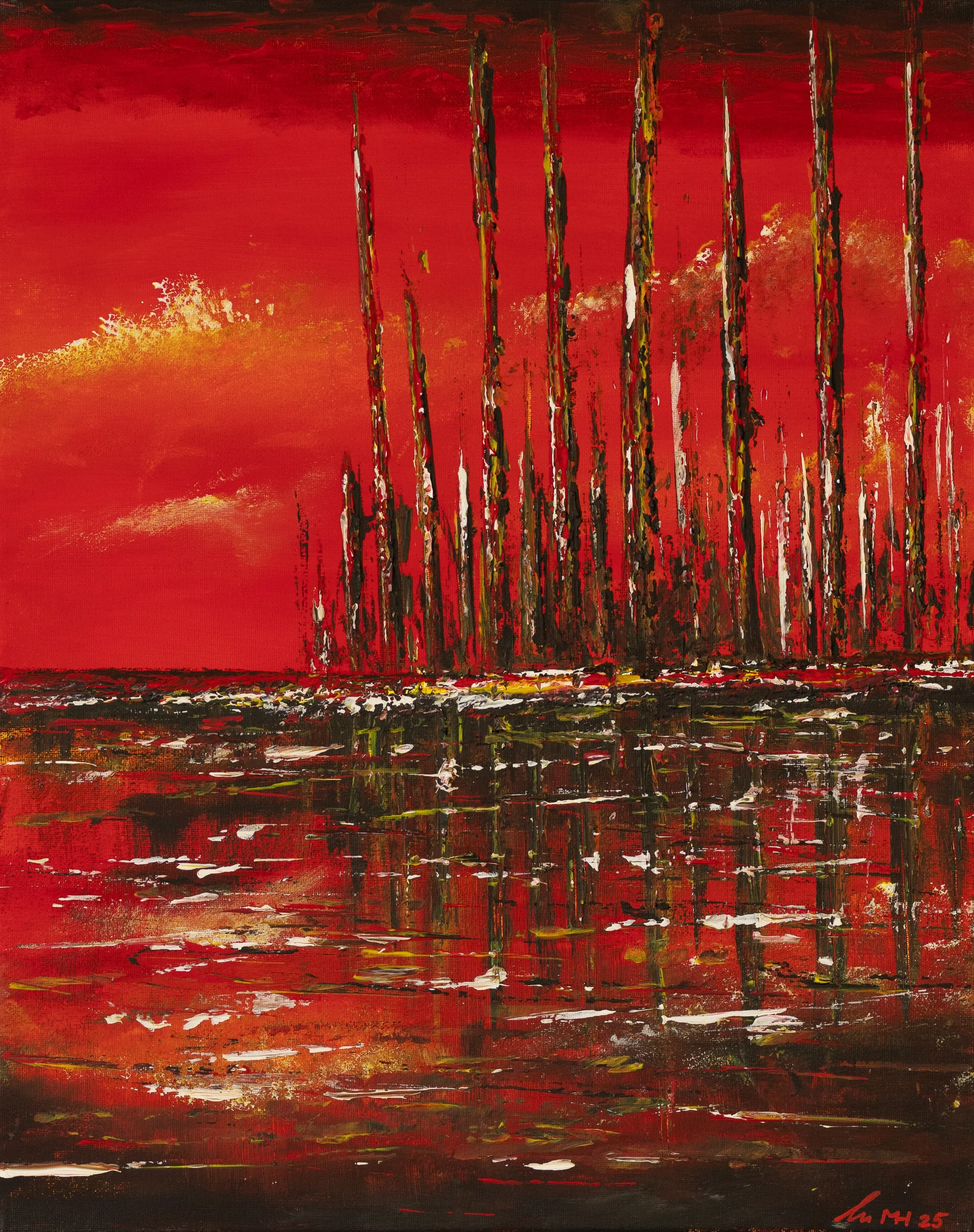 Abstraktes Gemälde mit roten, schwarzen, weißen und gelben Strichen, die wie vertikale Linien aussehen, und Wasserreflexionen im unteren Bereich.