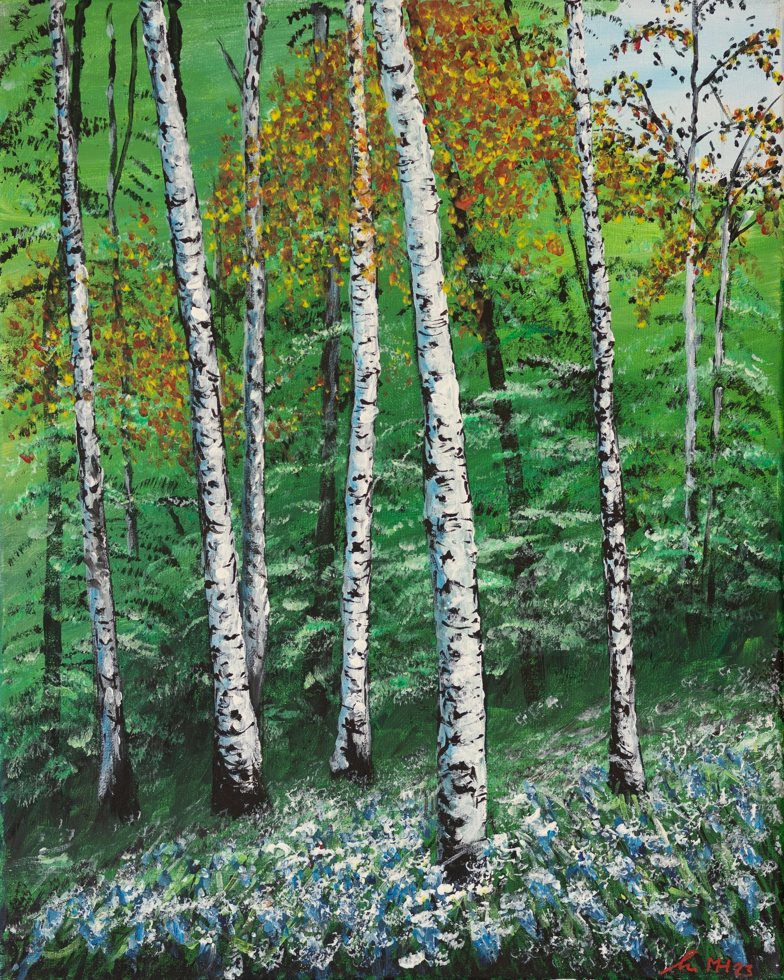A painted landscape of a birch forest with green grass and colorful trees.