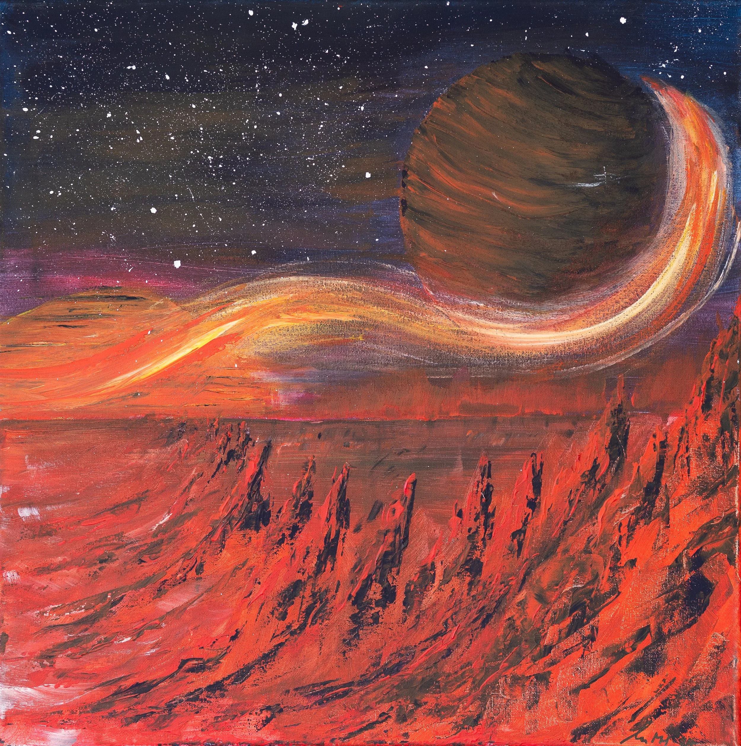Ein surrealistisches Gemälde einer fremden Welt mit rotem Boden und großen Felsen. Im Himmel sind zwei große, dunkle Planeten, umgeben von farbigen Nebeln und einem Sternenhimmel.