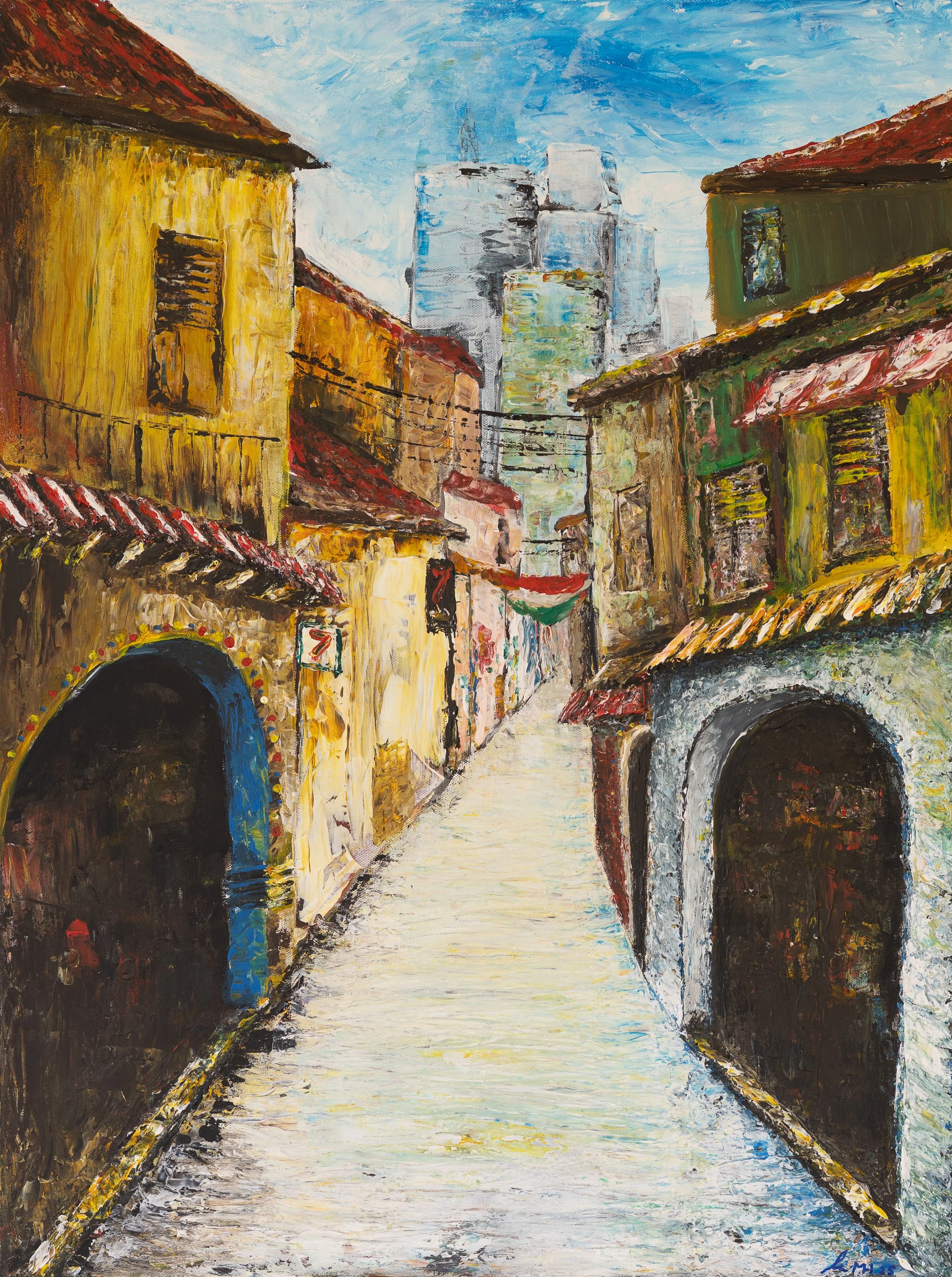 A farbige Ölmalerei einer engen Straße mit alten Gebäuden, modernen Wolkenkratzern im Hintergrund und einem blauen Himmel.