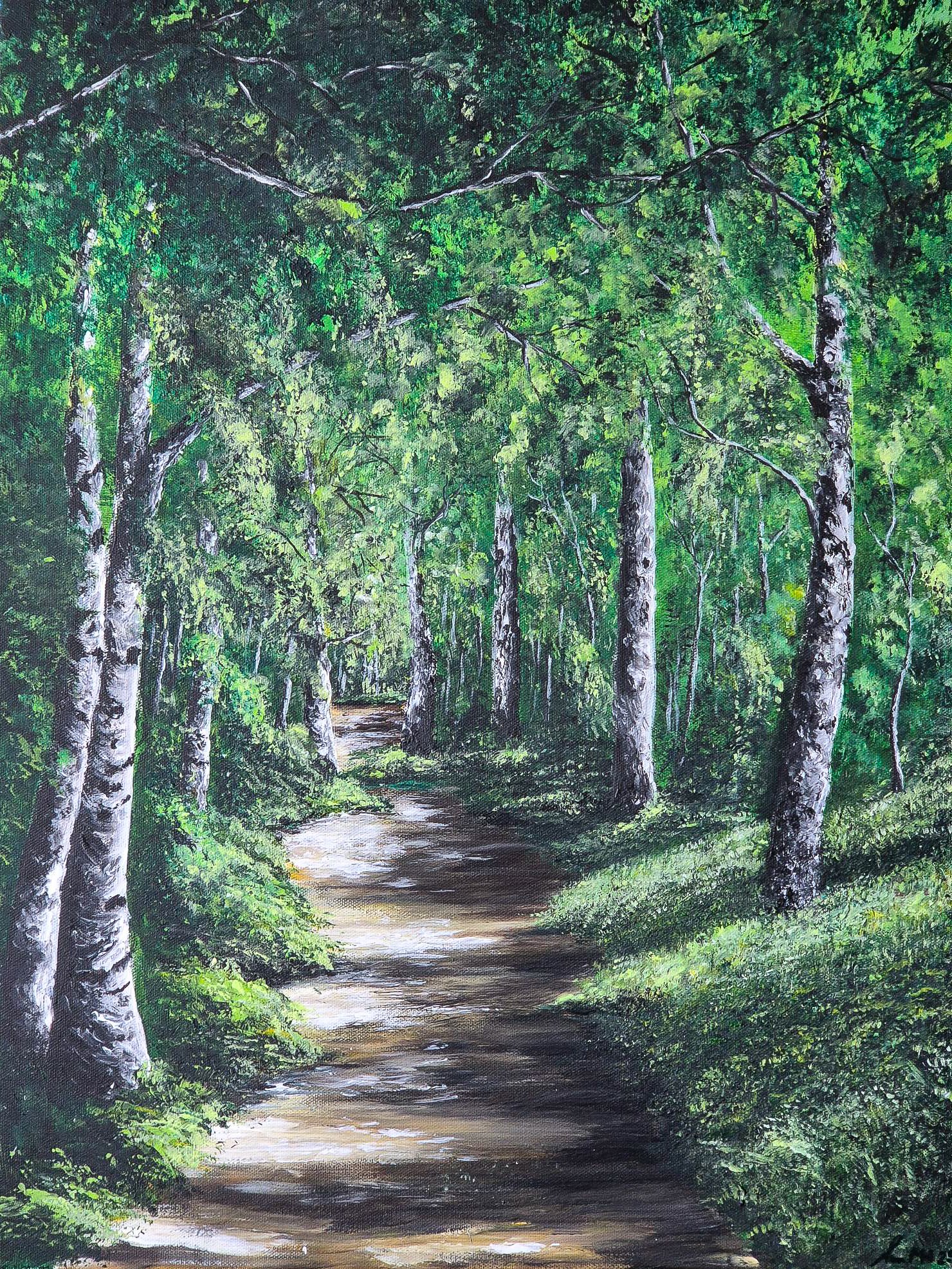 Ein Gemälde eines Waldes mit einem Wanderweg, umgeben von hohen, grünen Bäumen und Sonnenlicht, das durch die Blätter fällt.