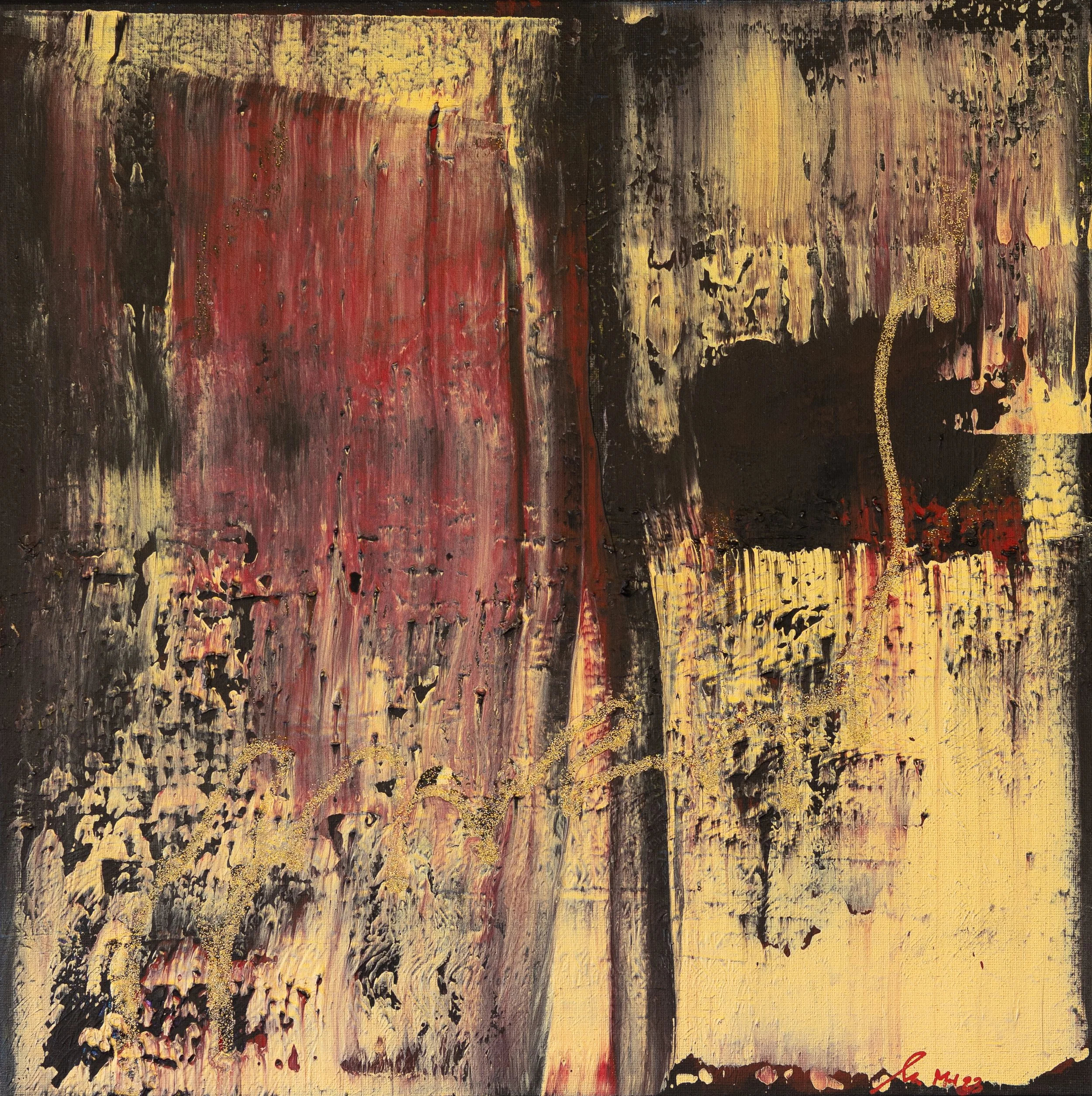 Abstraktes Gemälde mit dominanten Farben Schwarz, Rot, Gelb und Gold, mit texturierte Oberflächen und goldenen Akzenten.
