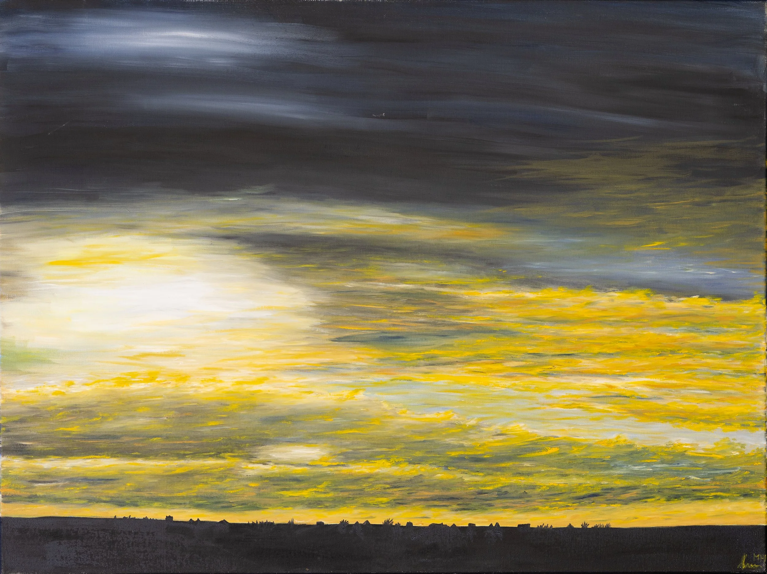 Ölmalerei einer dramatischen Himmelsszene mit dunklen Wolken und gelblichen Lichtstrahlen an einem Horizont, mit Silhouetten von Gebäuden und Bäumen im Vordergrund.