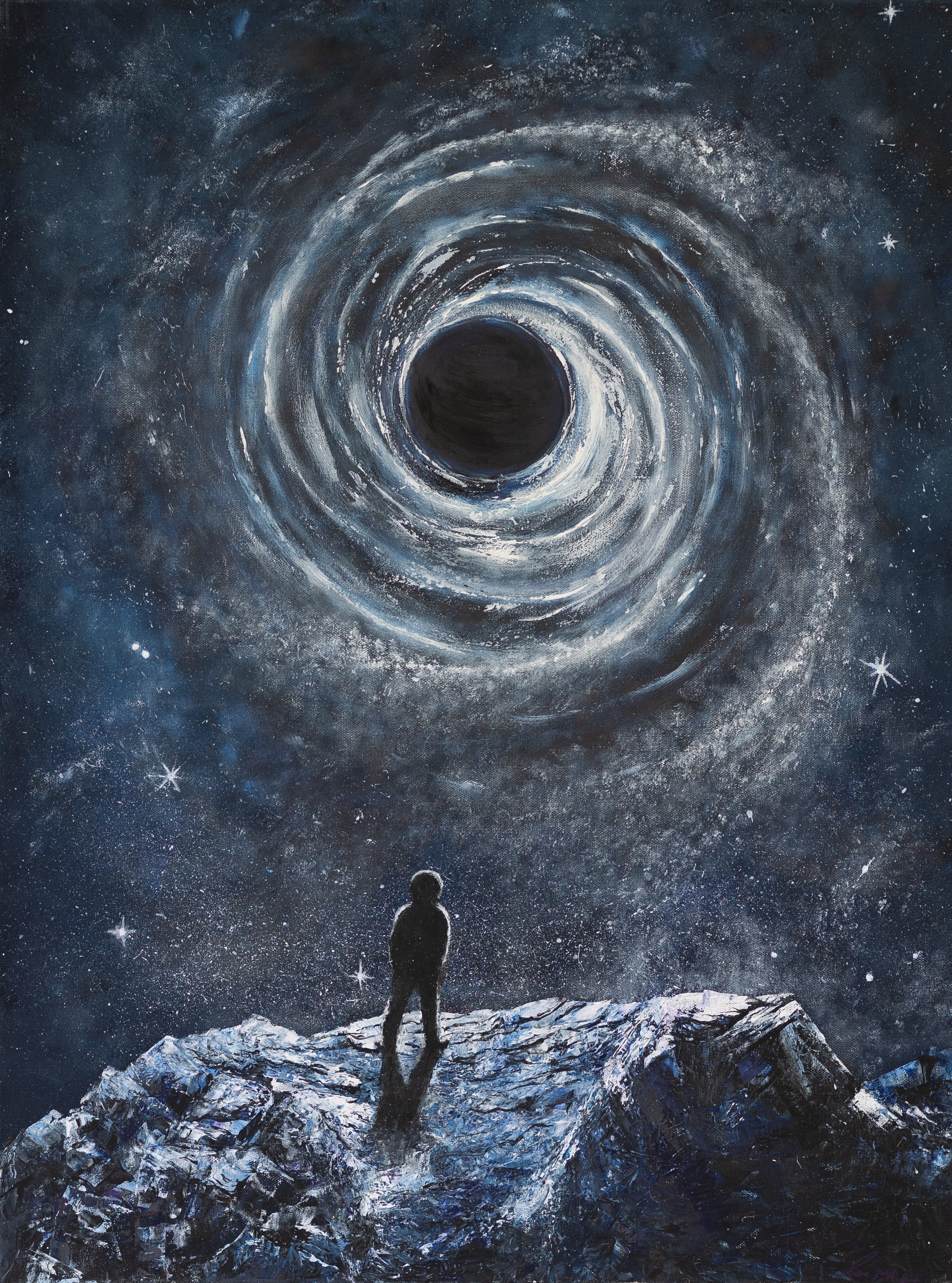 Ein Mensch steht auf einem Felsen im Weltall, schaut in einen schwarzen Loch, umgeben von Sternen und einem spiralförmigen Himmel