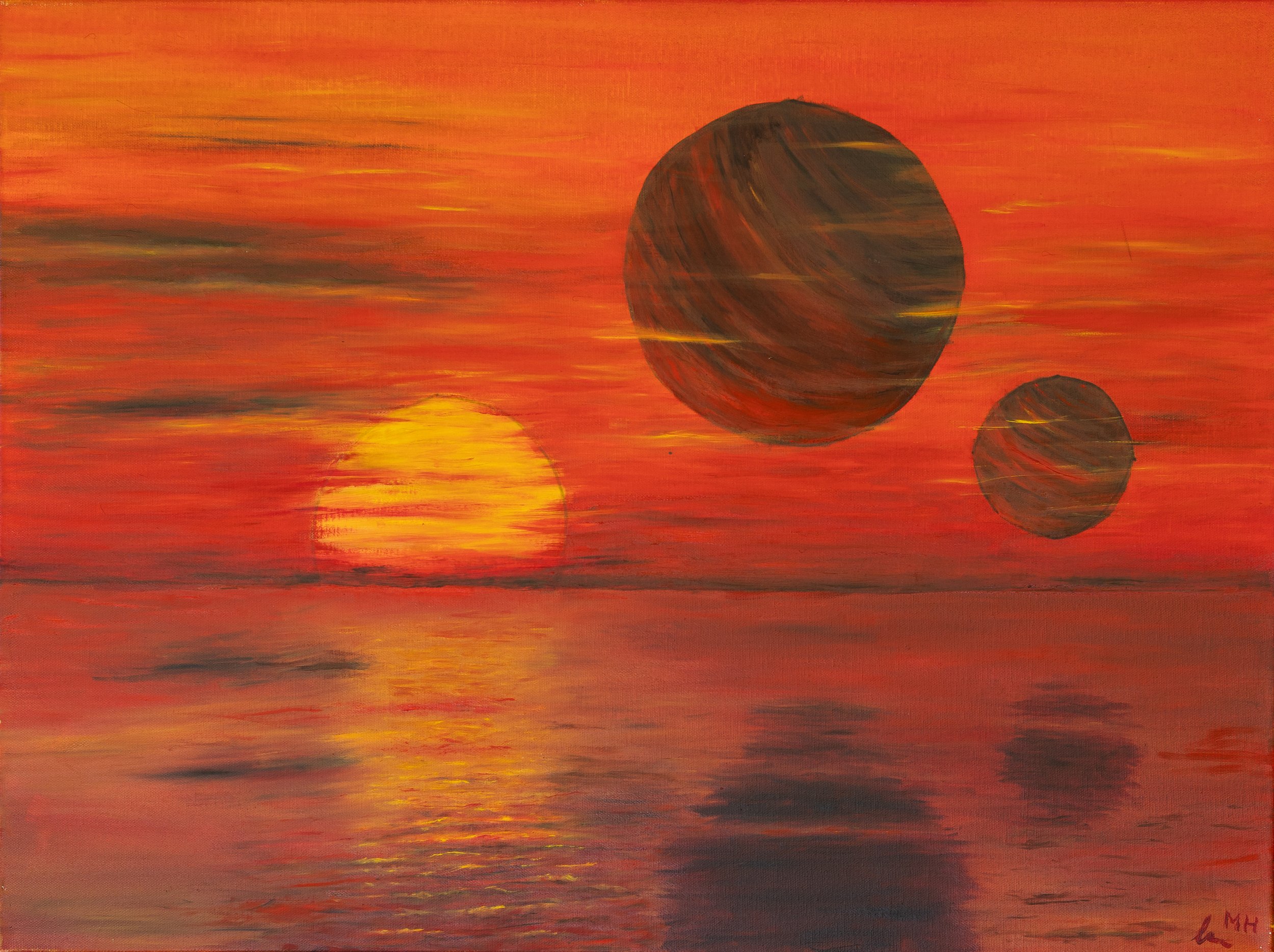 Ein Gemälde eines Sonnenuntergangs über dem Meer mit zwei großen, planetenähnlichen Himmelskörpern im Himmel.